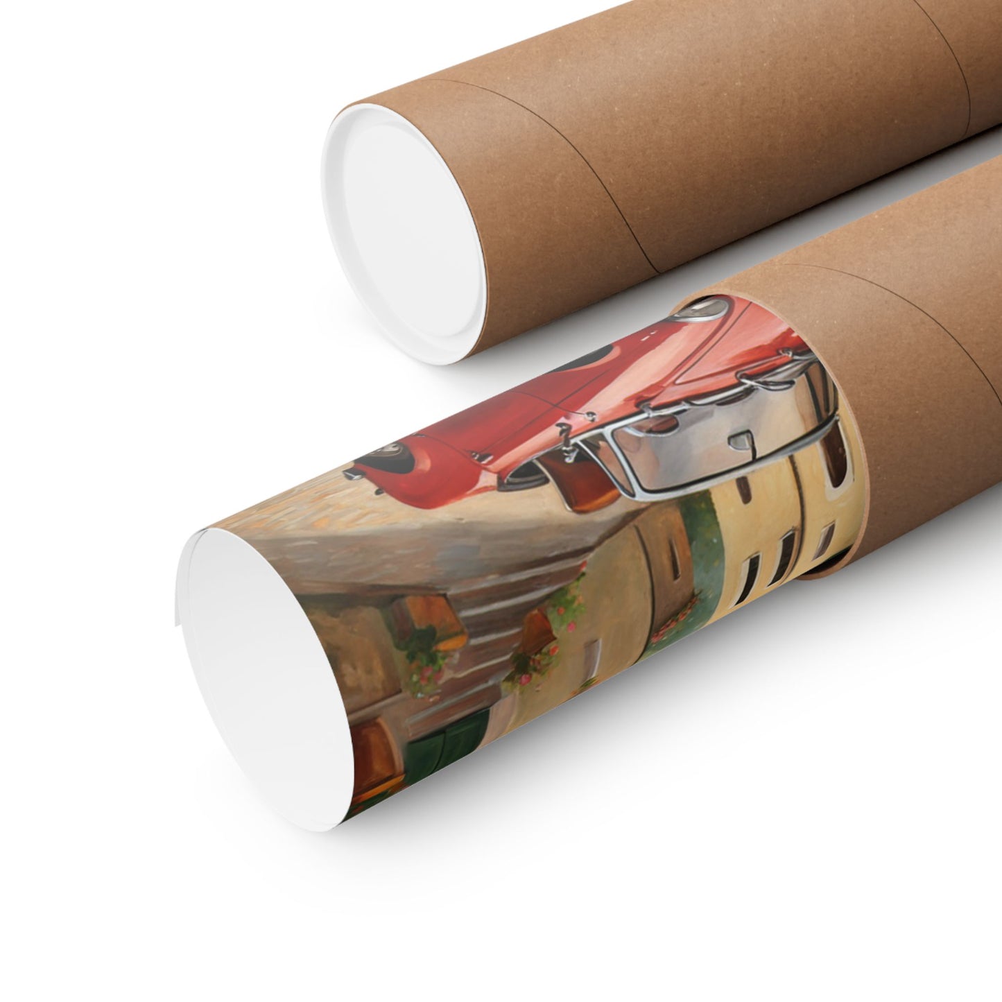 Vintage Car Wall Art rolled in a protective tube for safe shipping and stylish display