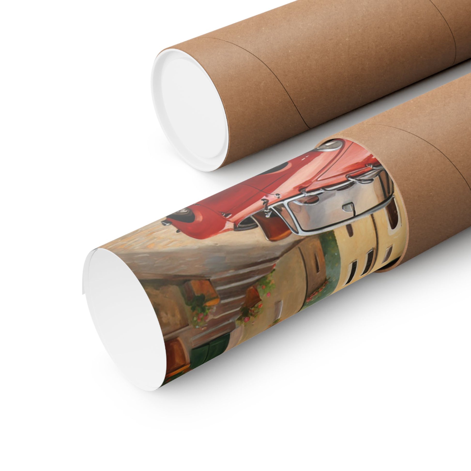 Vintage Car Wall Art rolled in a protective tube for safe shipping and stylish display