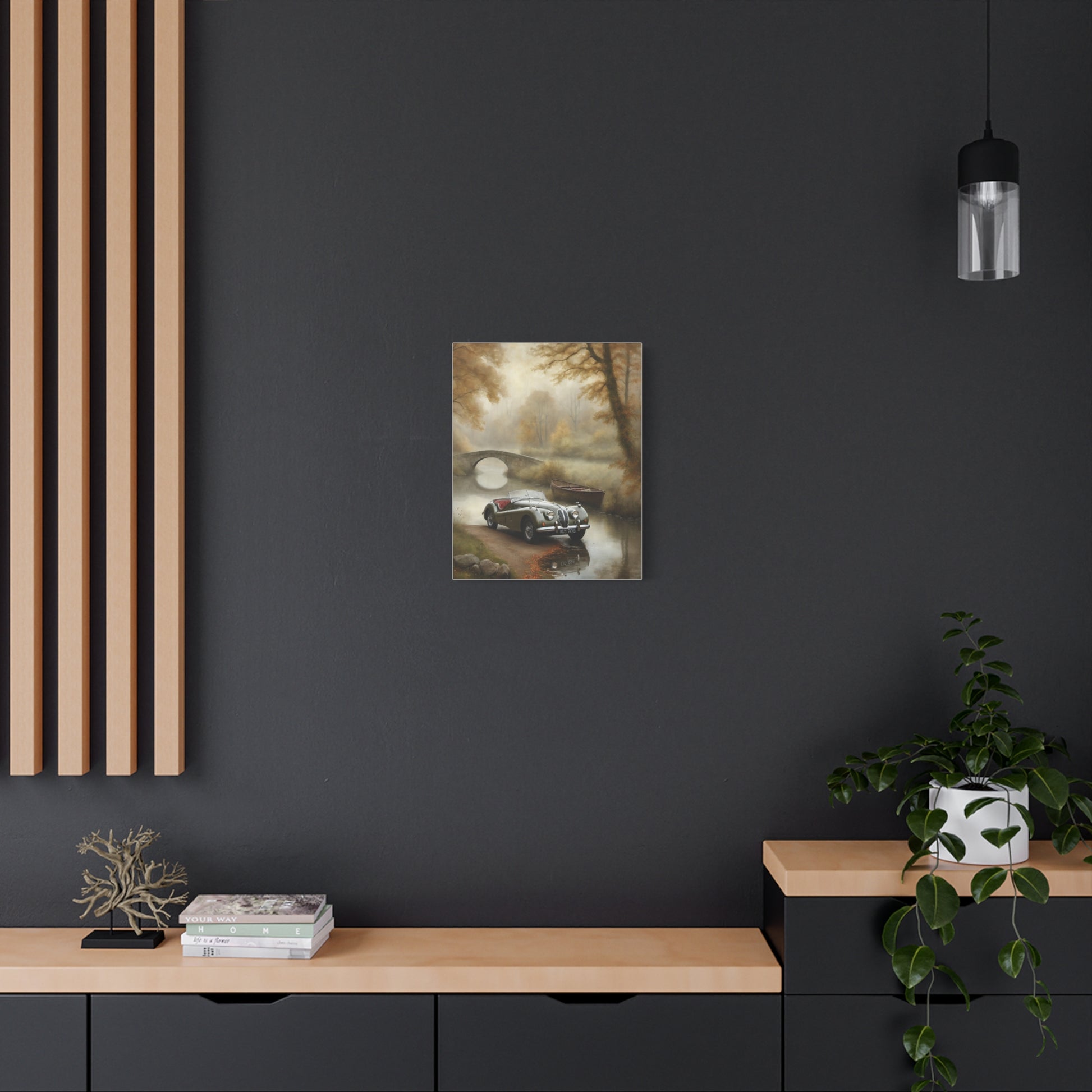 Framed Vintage Car Wall Art on a modern wall featuring serene landscape and reflective water