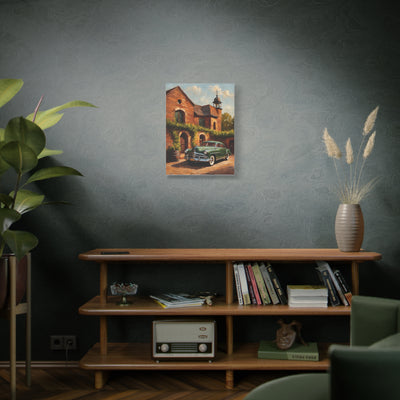 Vintage car wall art displayed on a rustic wall above a wooden shelf with plants and books