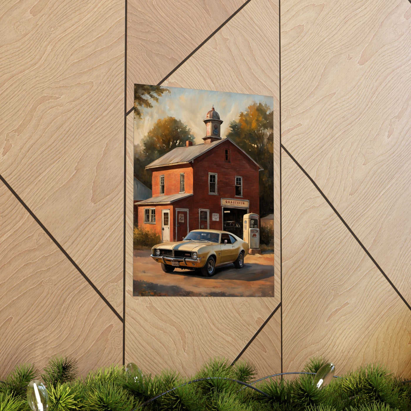 Vintage Car Wall Art featuring a classic car in front of a rustic red building