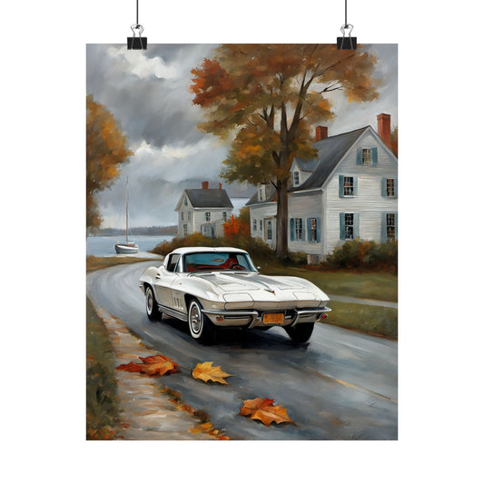 Vintage Car Wall Art featuring a classic white Corvette driving past autumn trees and houses