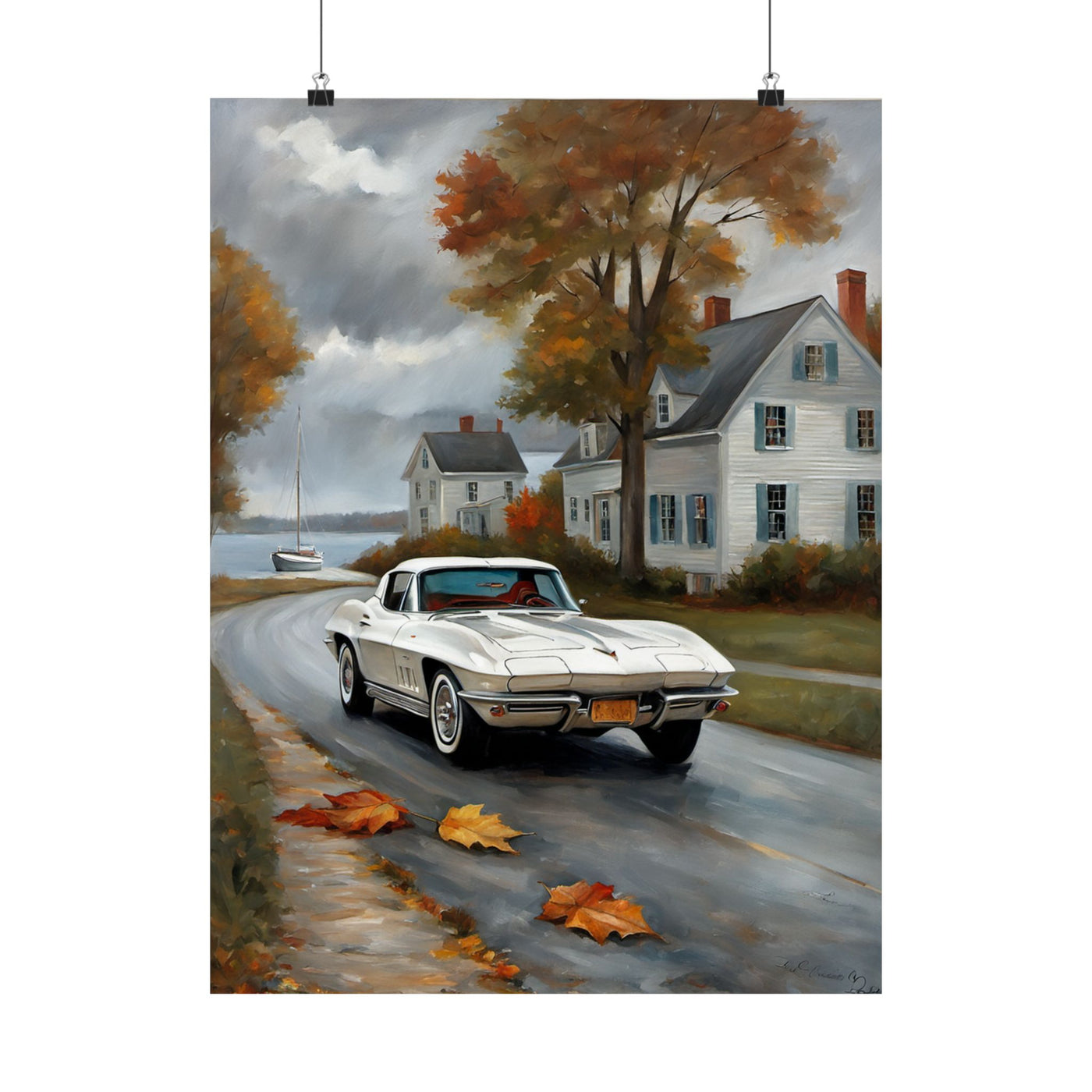 Vintage Car Wall Art featuring a classic car driving along a scenic road with autumn leaves