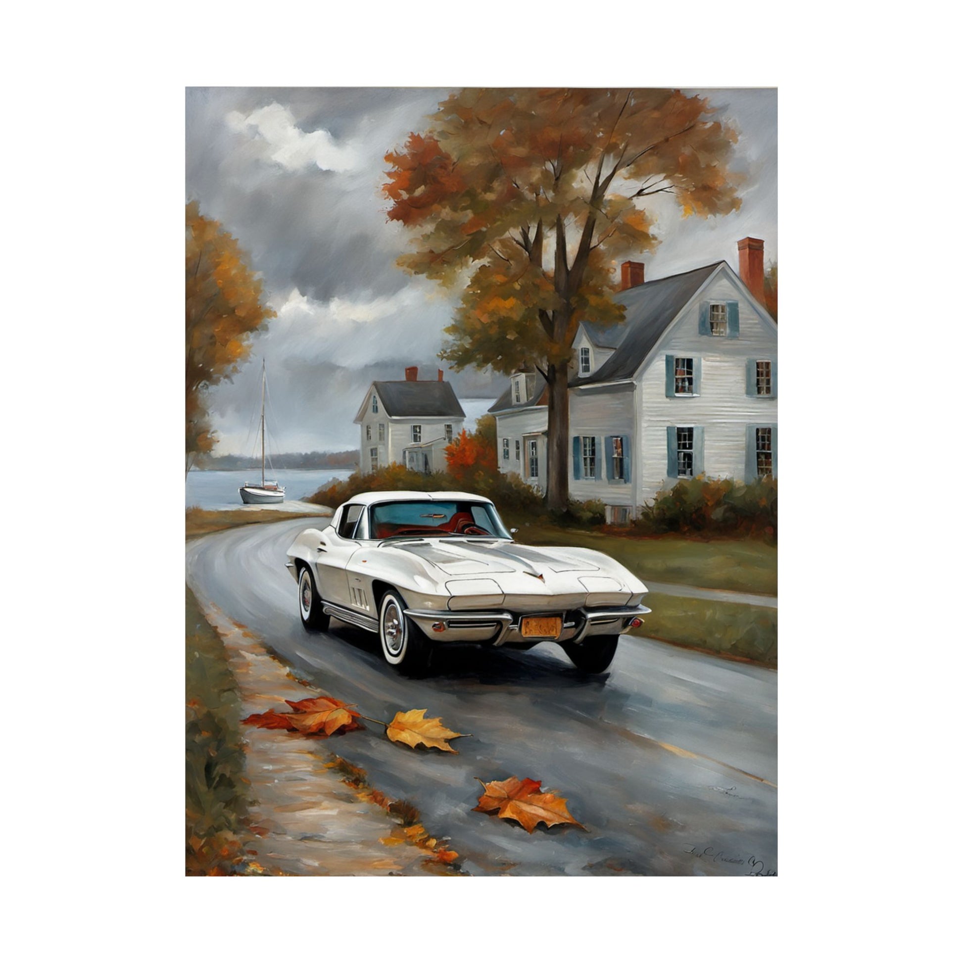 Vintage Car Wall Art featuring a nostalgic white car driving on a scenic autumn road