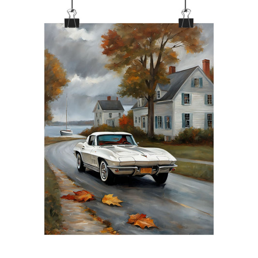 Vintage Car Wall Art featuring a classic car driving through a picturesque autumn landscape
