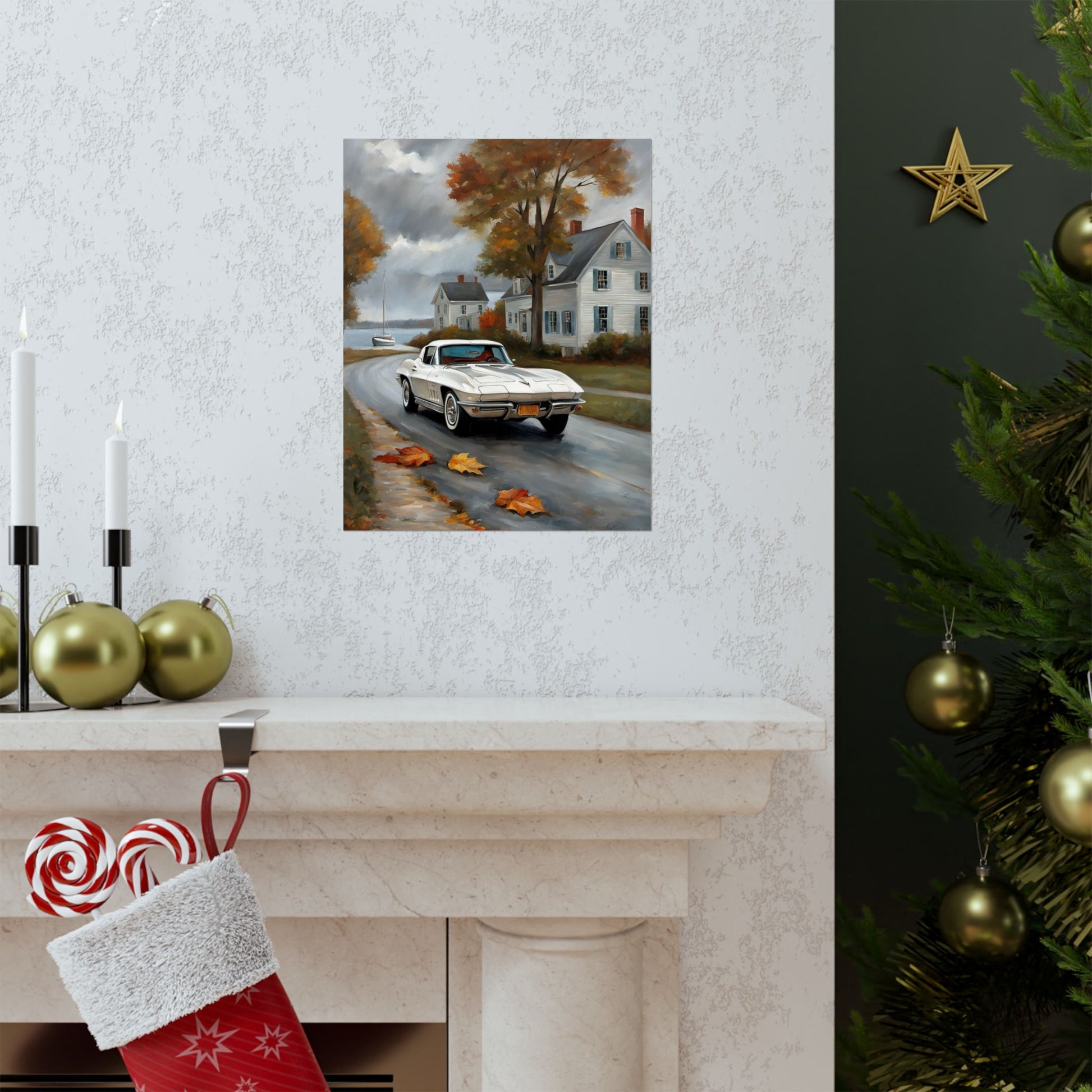 Vintage Car Wall Art featuring a classic white car in an autumn scene above a fireplace