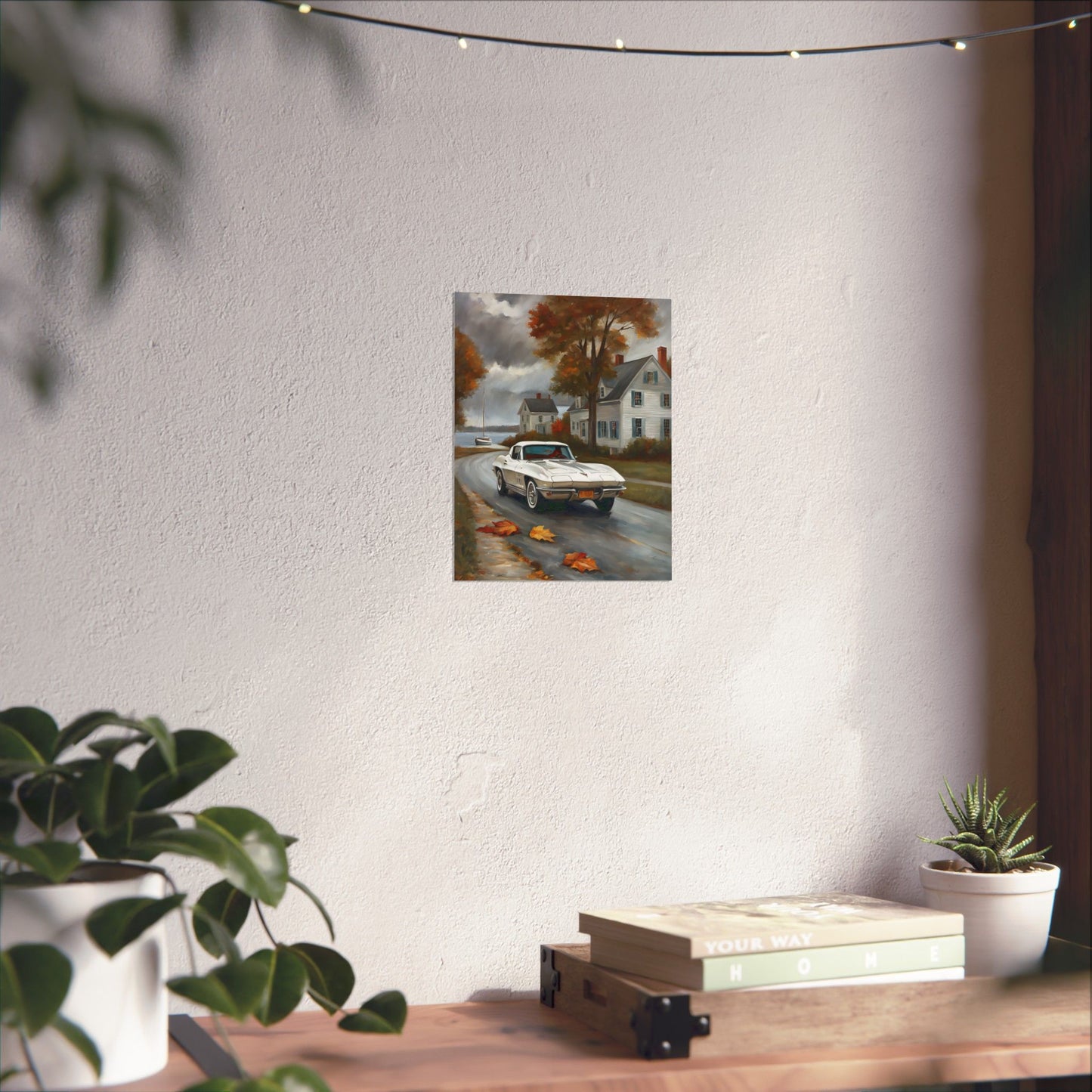 Vintage Car Wall Art featuring a classic car on a rainy street depicting autumn leaves and a cozy house