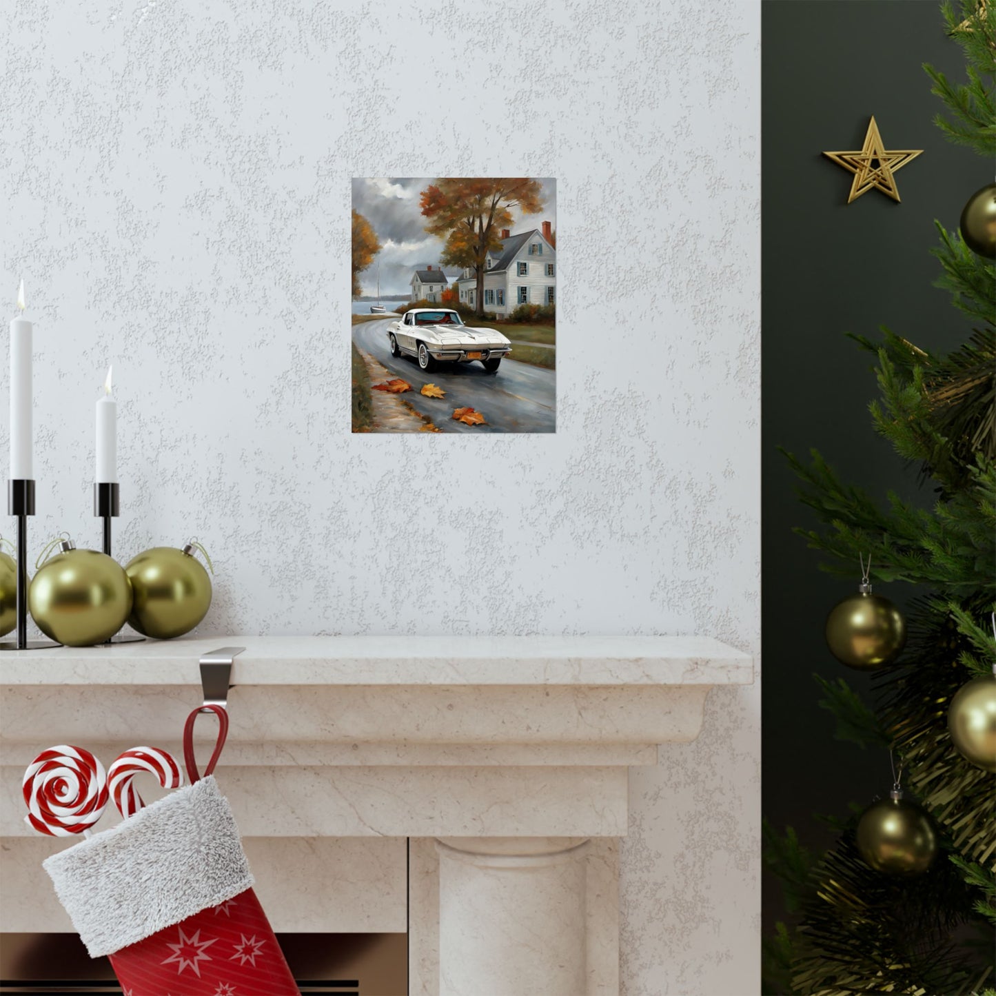 Vintage Car Wall Art featuring a classic car on a scenic autumn street for home decor