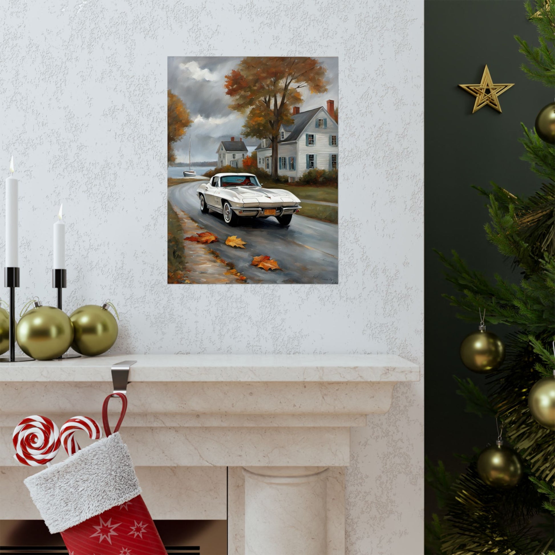 Vintage Car Wall Art featuring a old car driving through a picturesque autumn landscape