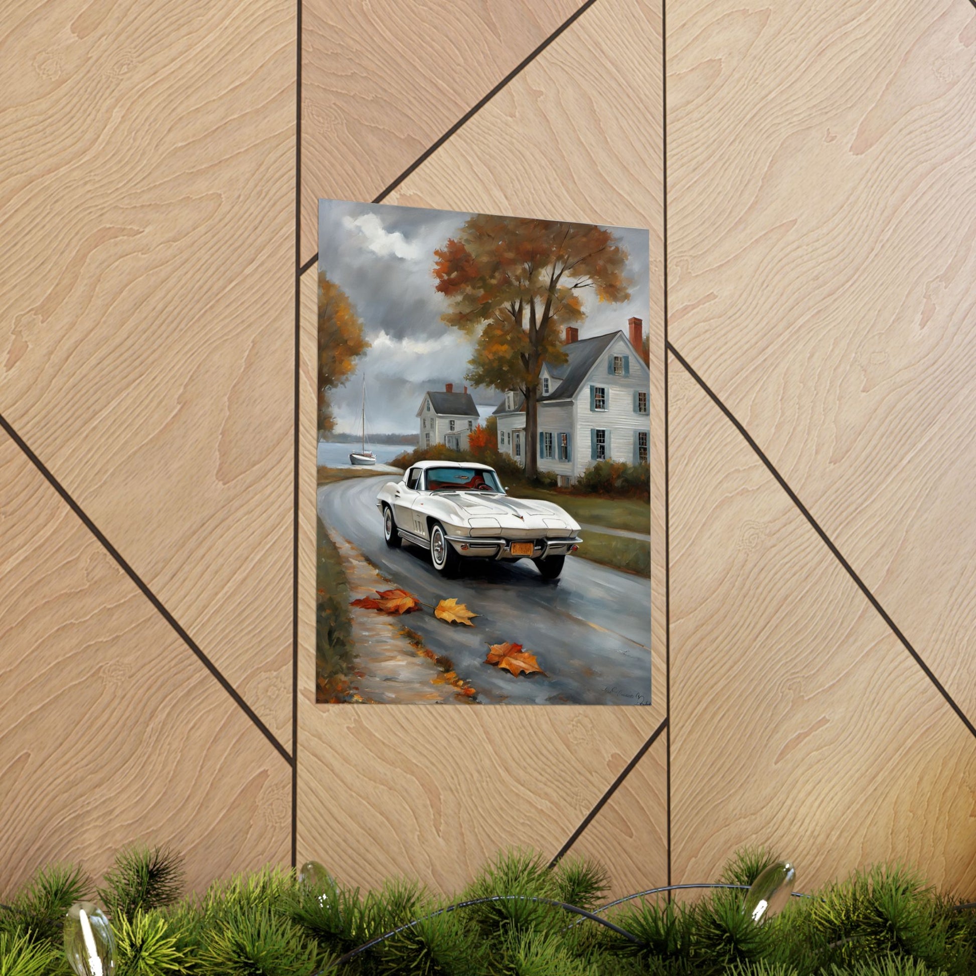 Vintage Car Wall Art featuring a classic car on a scenic autumn road with colorful leaves