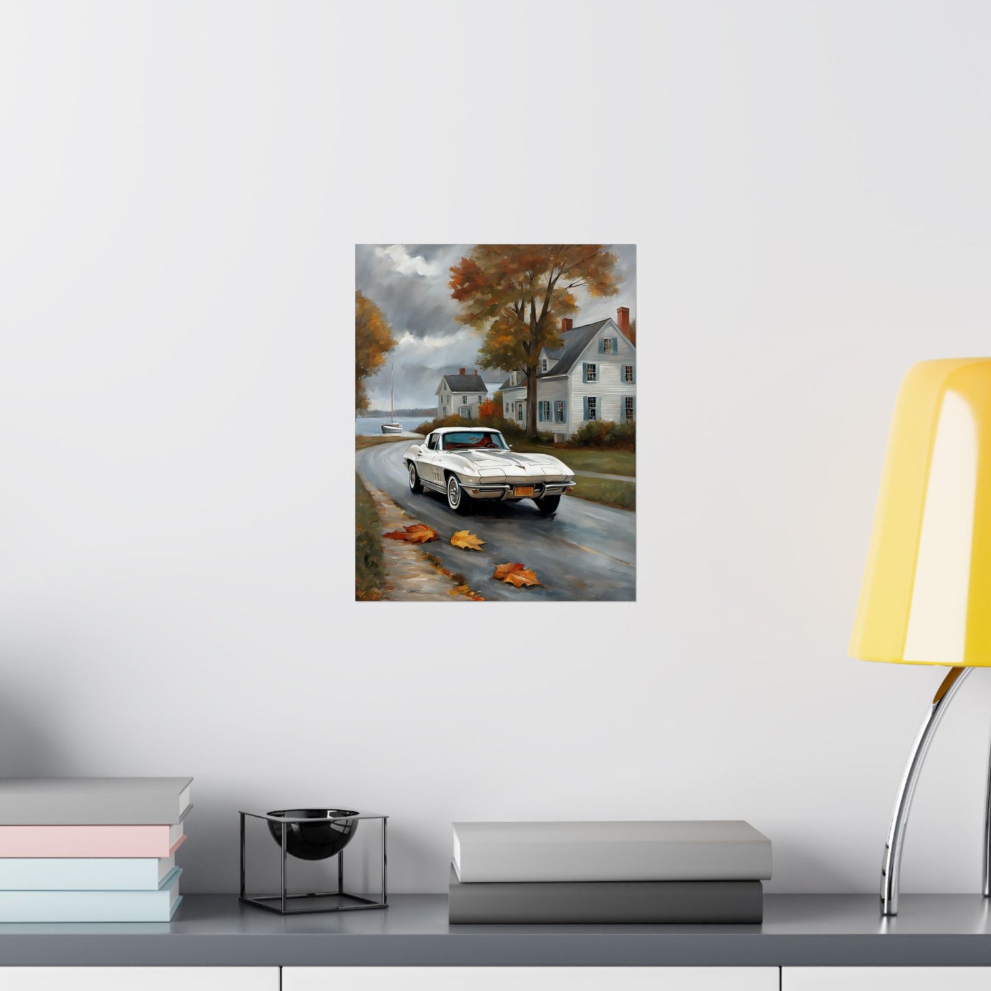 Vintage Car Wall Art featuring a classic white car driving down a scenic autumn road