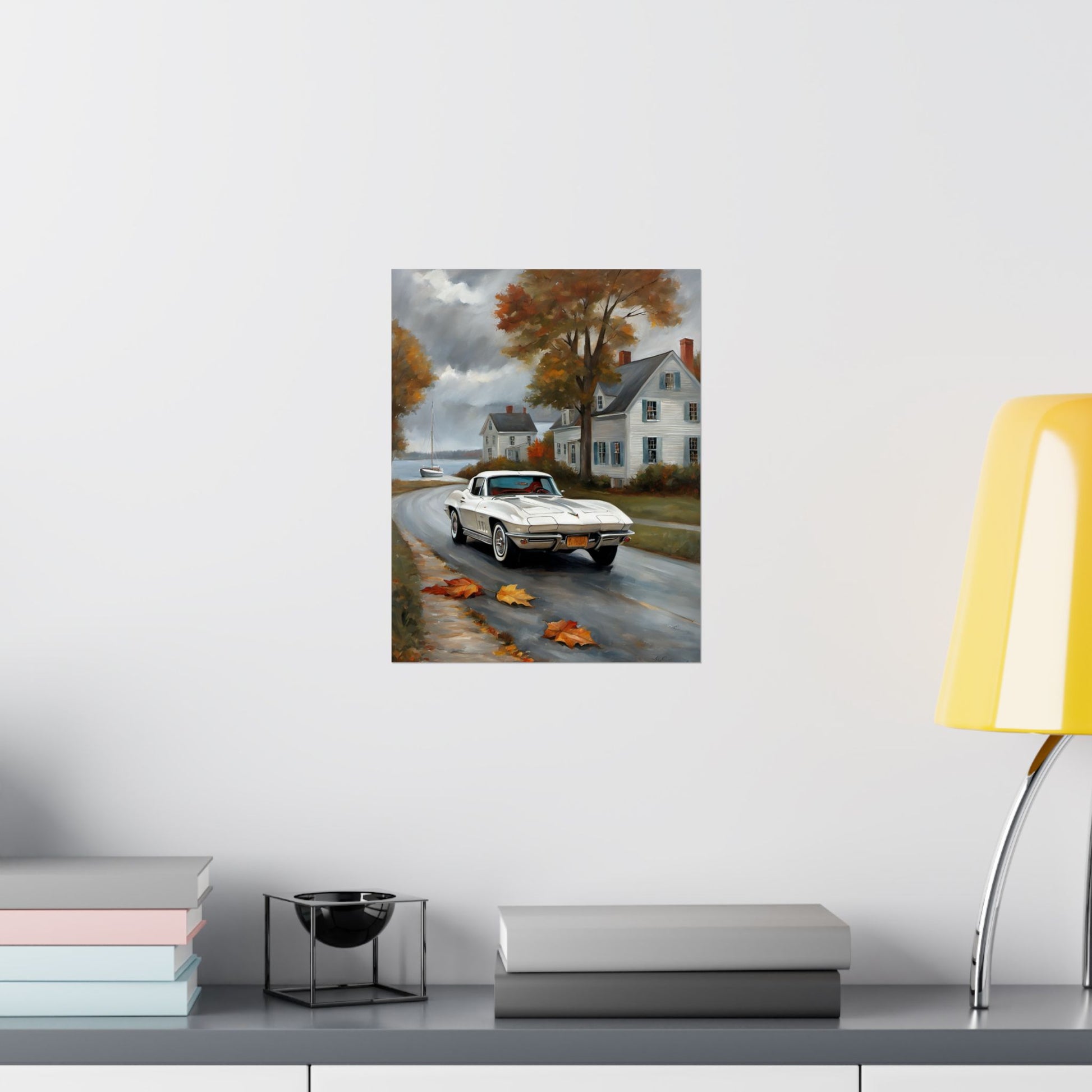Vintage Car Wall Art featuring a classic white car driving down a scenic autumn road