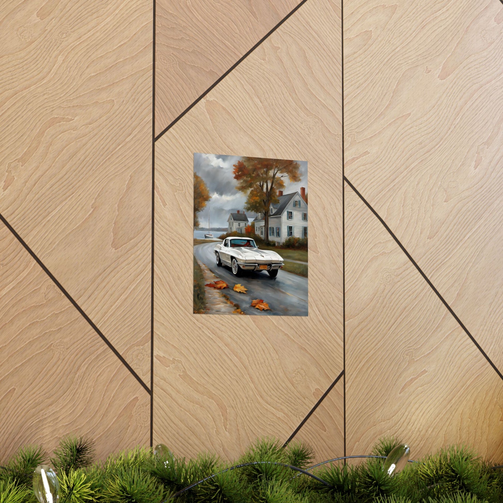Vintage Car Wall Art featuring a classic car on a scenic autumn street surrounded by colorful leaves