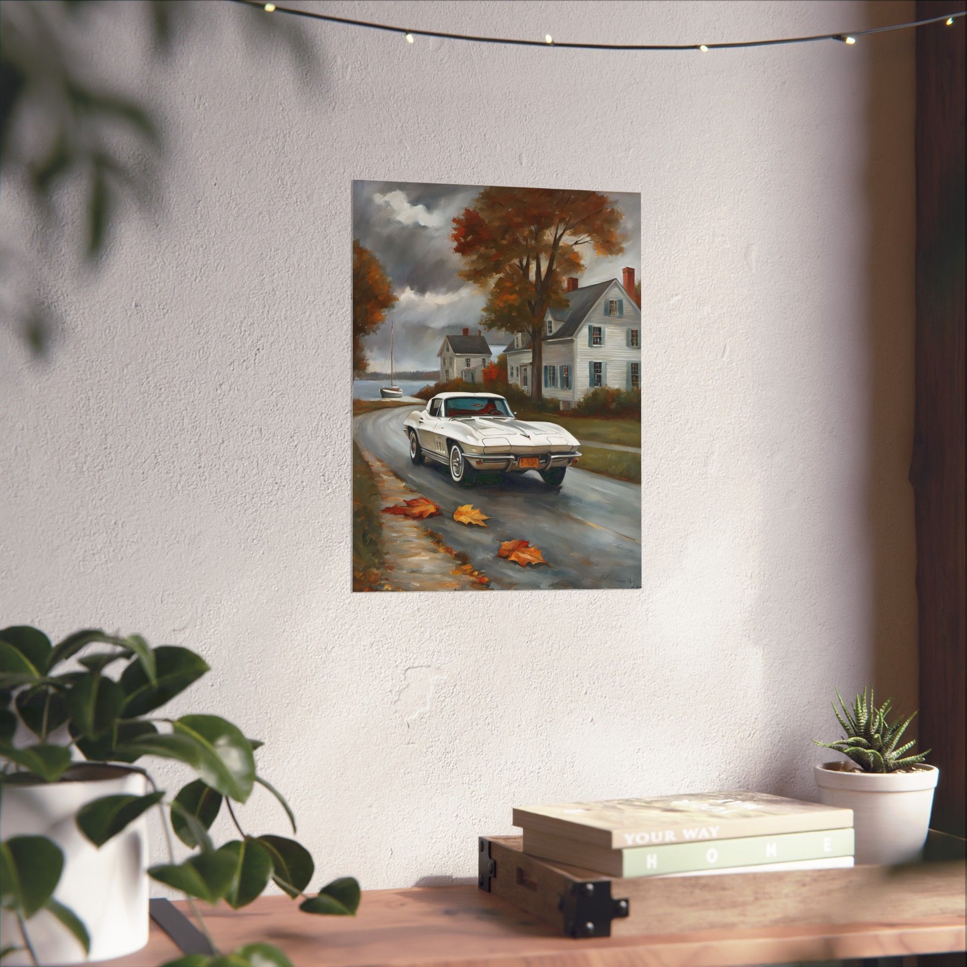 Vintage Car Wall Art featuring a classic car driving through autumn leaves by a cozy home