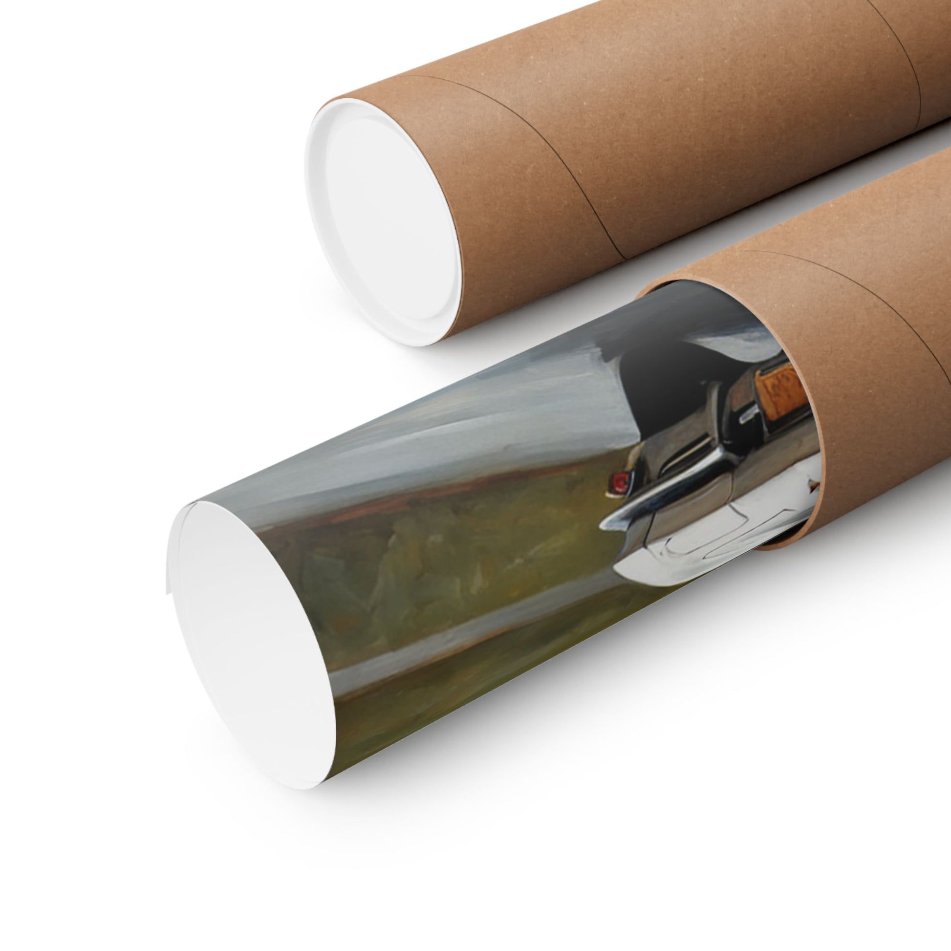 Vintage Car Wall Art poster rolled in a protective tube for easy storage and display