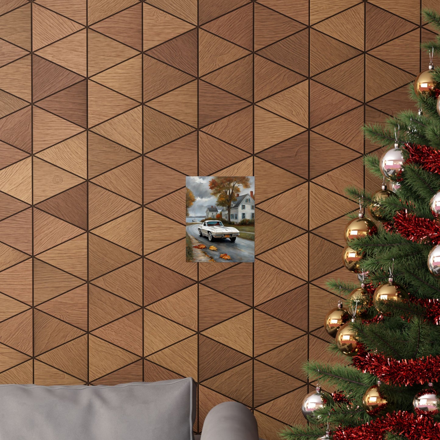 Vintage Car Wall Art poster displayed on a wooden geometric patterned wall near a decorated Christmas tree