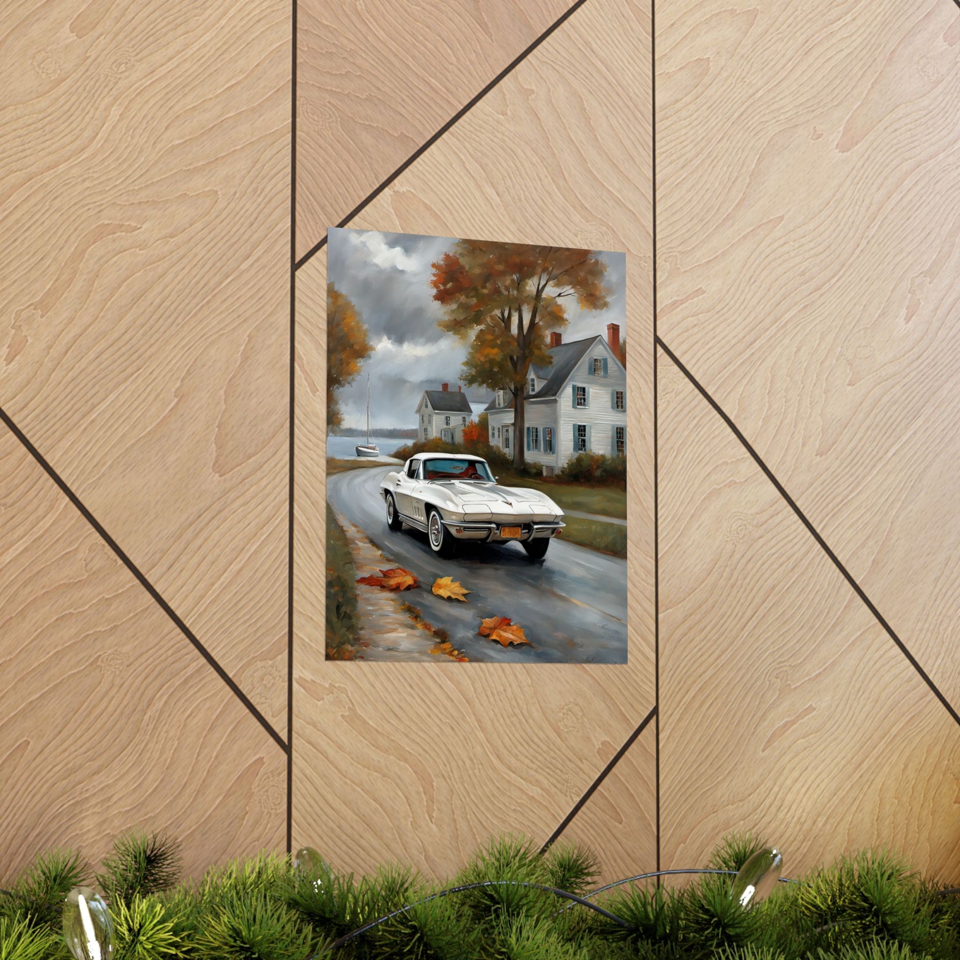 Vintage Car Wall Art featuring a classic car driving through a scenic autumn landscape