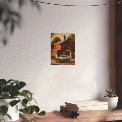 Vintage Car Wall Art featuring a classic car in front of a red house for home decor