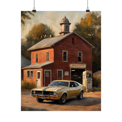 Vintage Car Wall Art featuring a classic yellow car in front of an old gas station