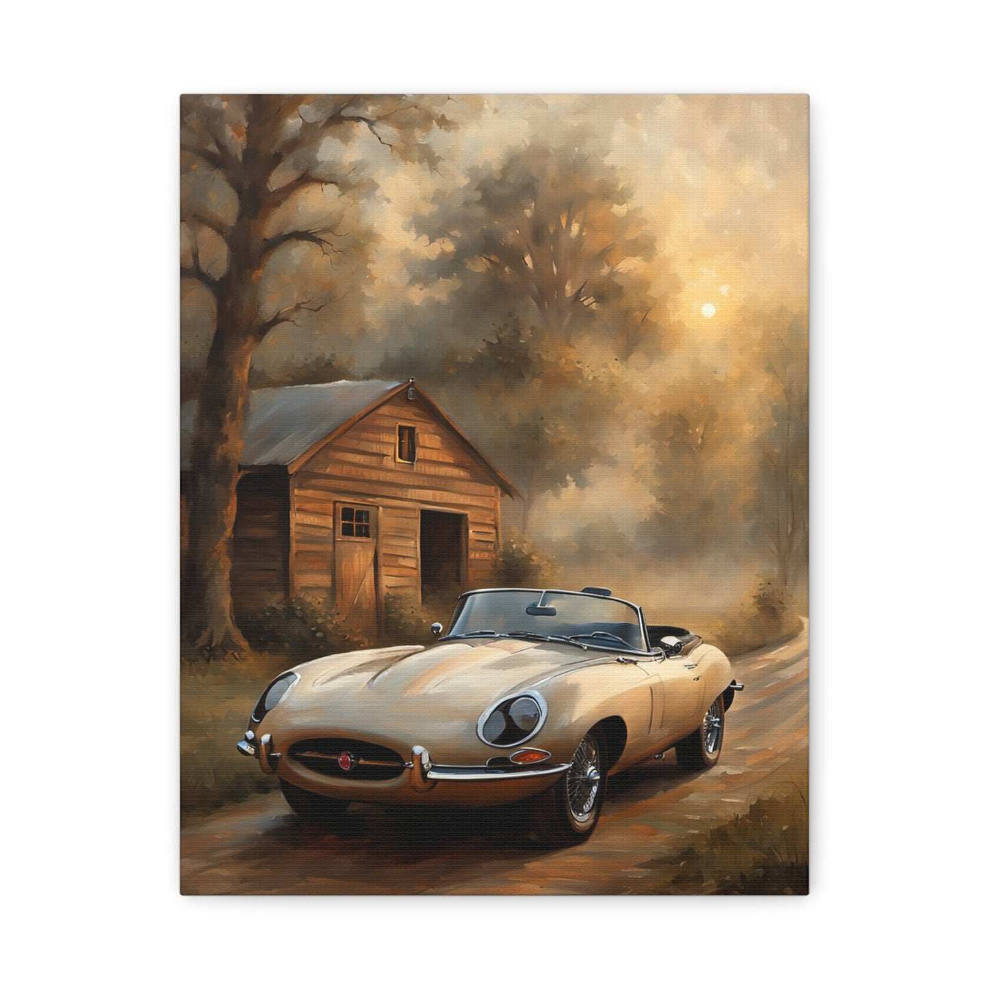 Vintage Car Wall Art featuring a classic convertible near a rustic cabin at sunrise