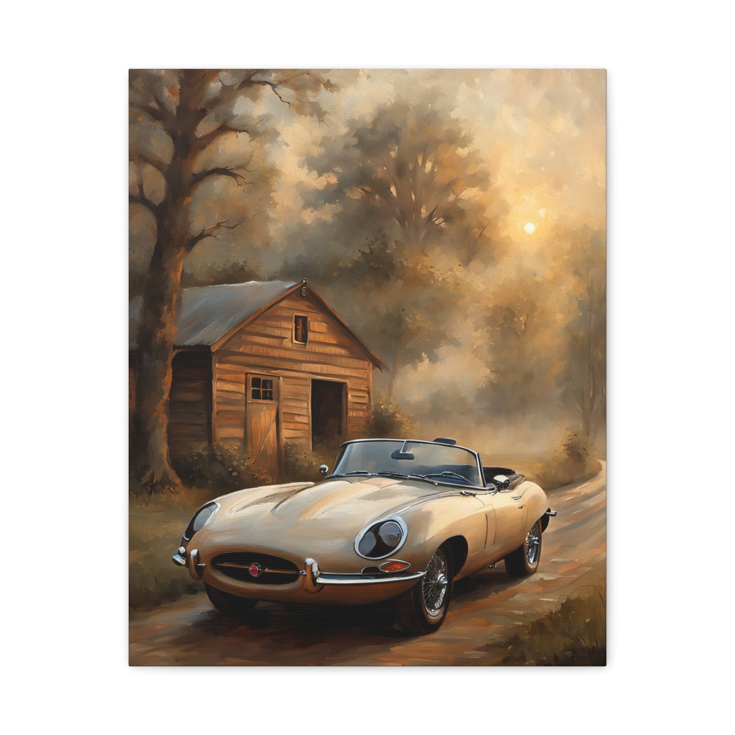 Vintage Car Wall Art featuring a classic convertible parked near a rustic cabin in a misty landscape