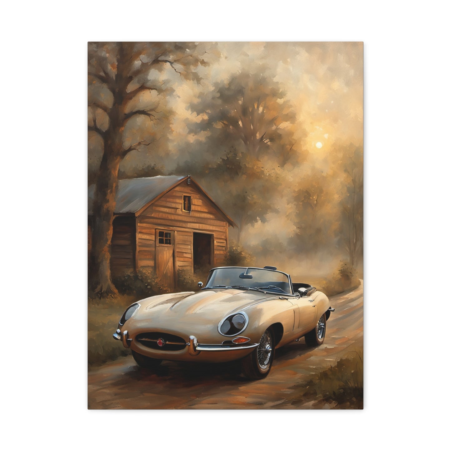 Vintage Car Wall Art featuring a classic convertible in a serene forest setting