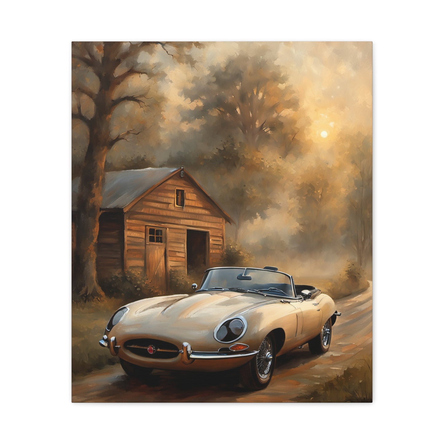 Vintage Car Wall Art featuring a classic convertible parked near a rustic cabin in a serene landscape