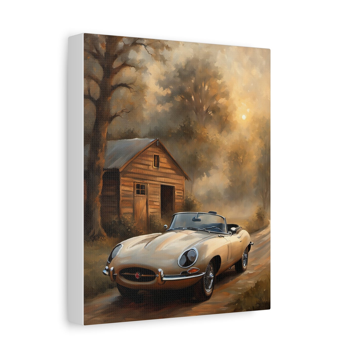 Vintage Car Wall Art featuring a classic car parked on a country road with a rustic barn in the background
