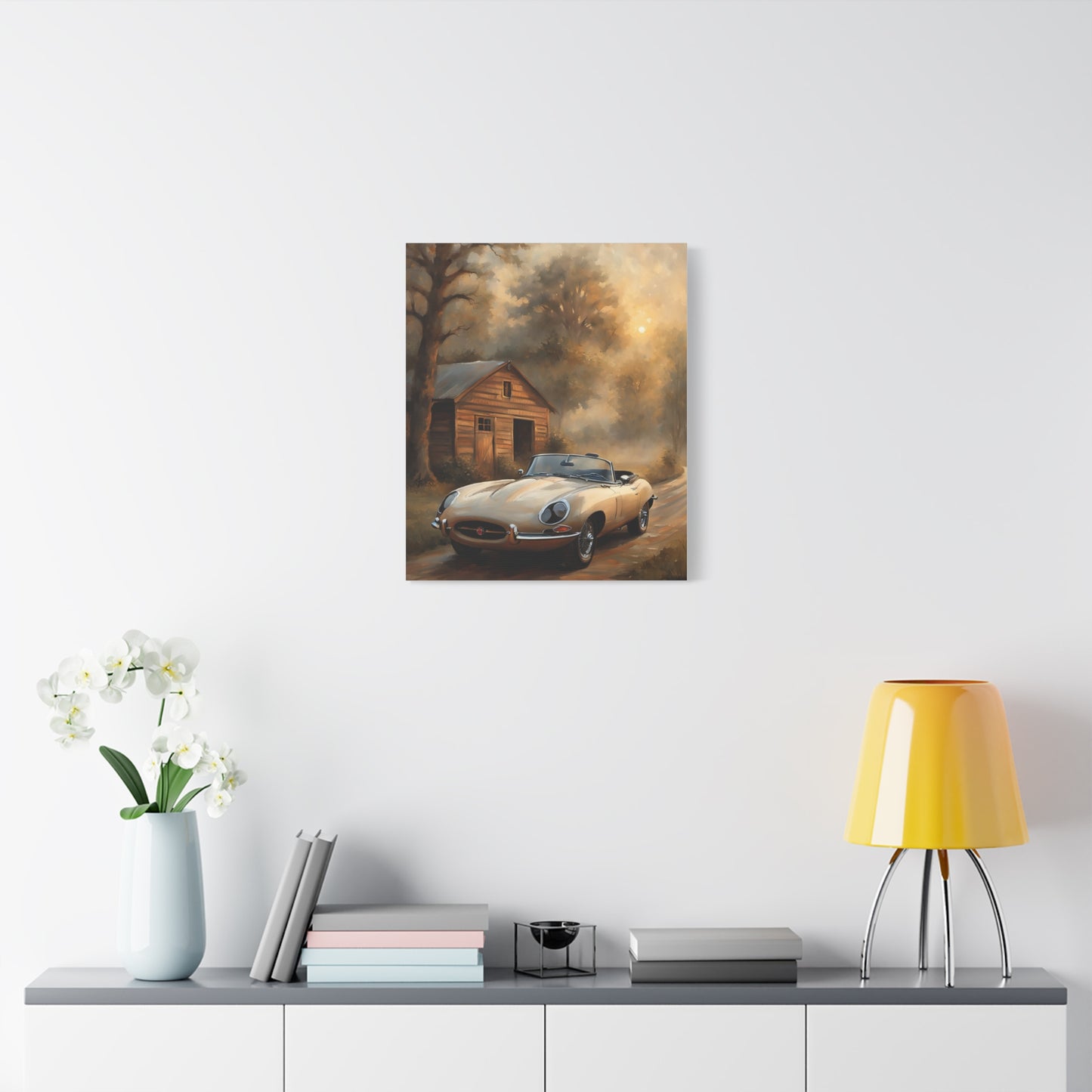 Vintage Car Wall Art featuring a classic car near a rustic cabin with a scenic background