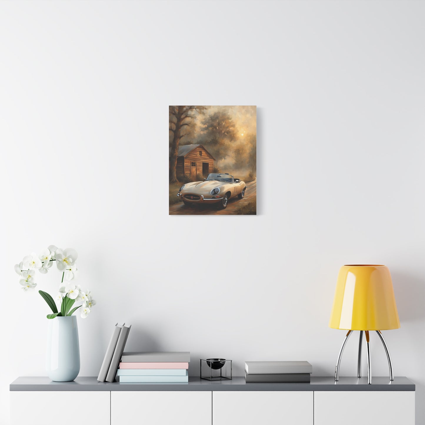 Vintage Car Wall Art featuring a classic car in a serene landscape setting