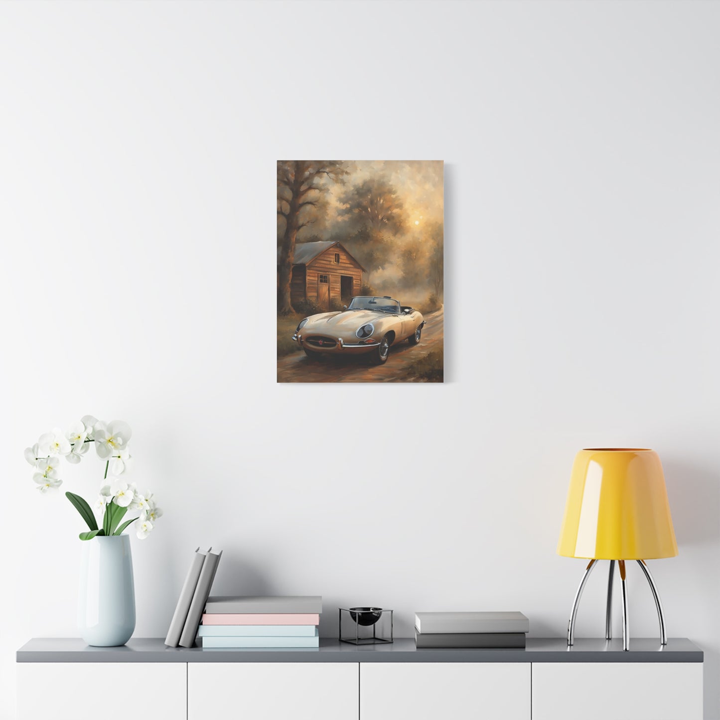 Vintage Car Wall Art featuring a classic car by a rustic cabin on a serene background
