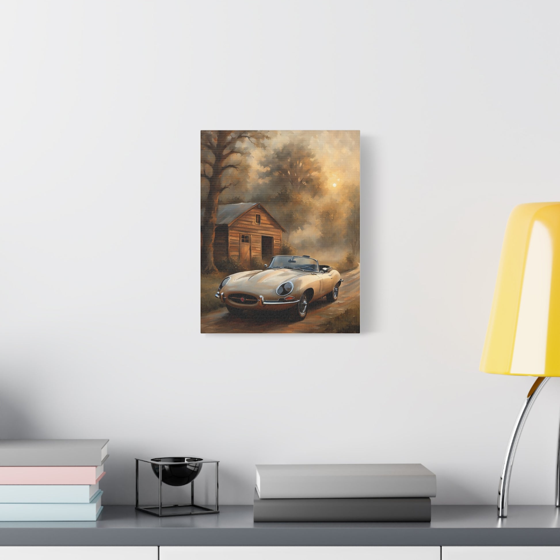 Vintage Car Wall Art featuring a classic car parked near a rustic cabin in a serene setting