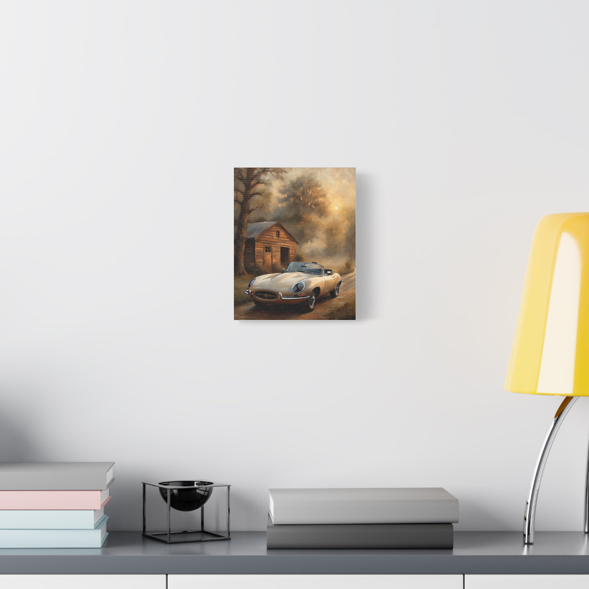 Vintage Car Wall Art featuring a classic car in a serene landscape with a cozy cabin