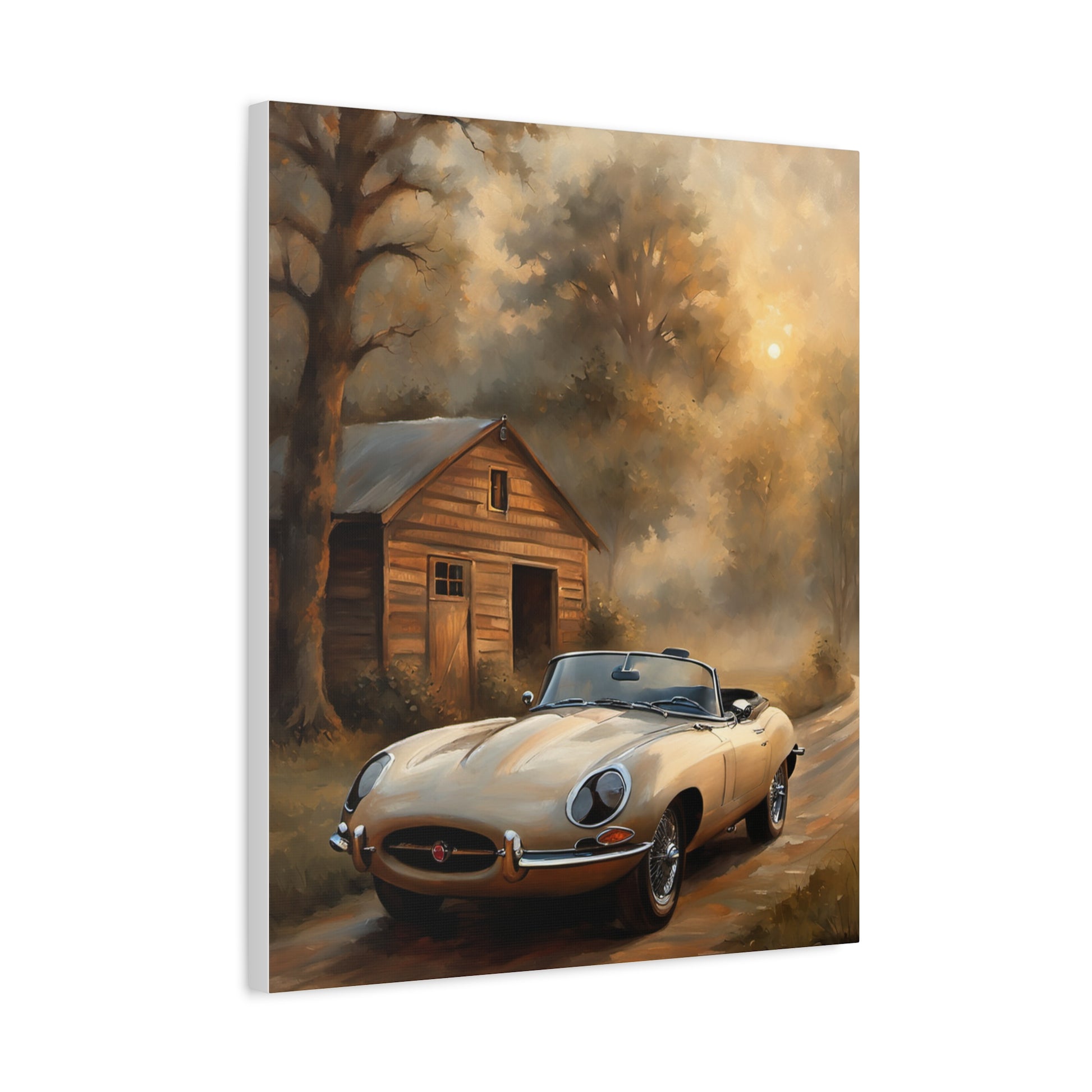 Vintage Car Wall Art featuring a classic car near a rustic cabin in a serene landscape
