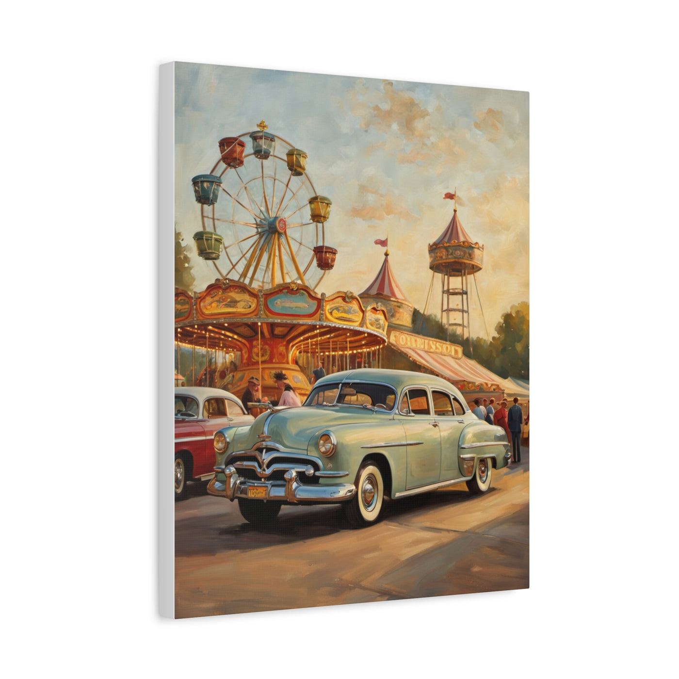 Vintage carnival car art print featuring a classic car and a Ferris wheel at a carnival