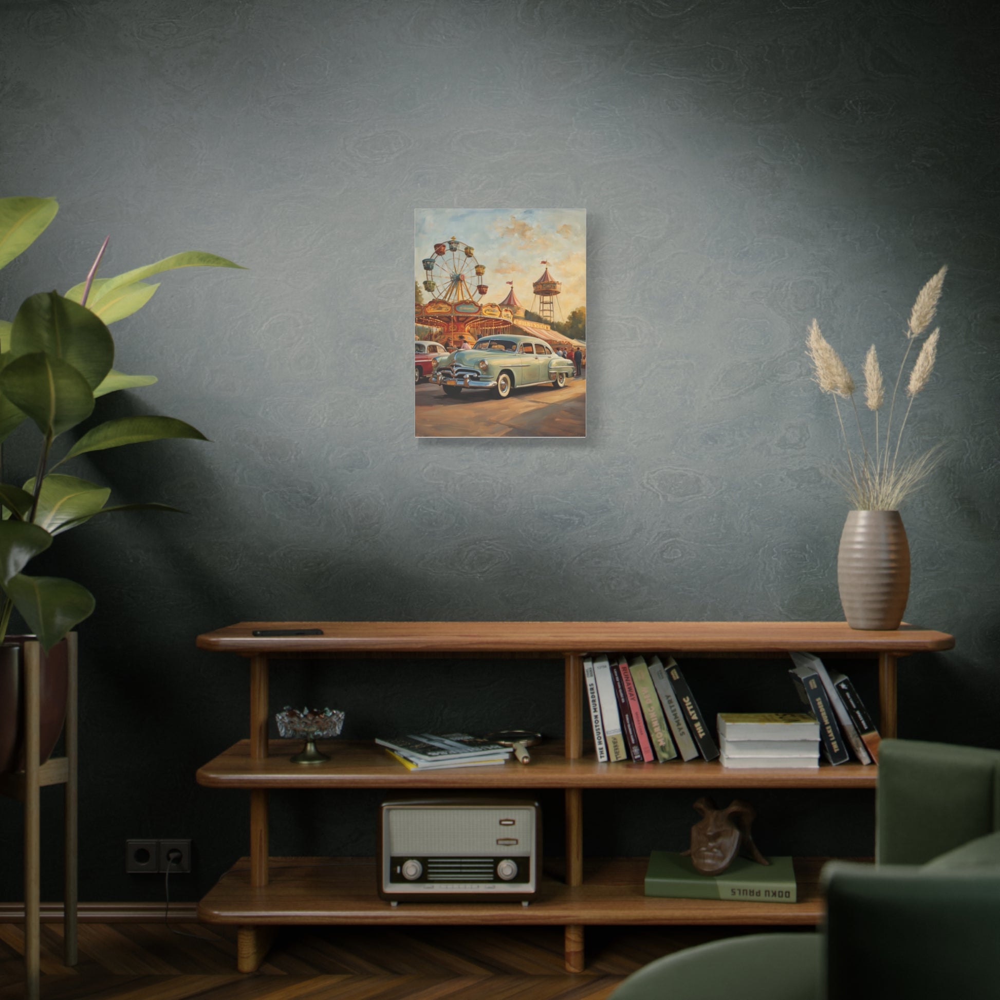 Vintage carnival car art print displayed on a modern wooden shelf with plants and decor