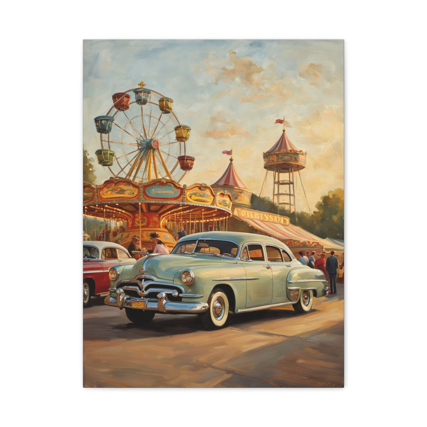 Vintage carnival car art print featuring a old car in front of a Ferris wheel and carnival rides