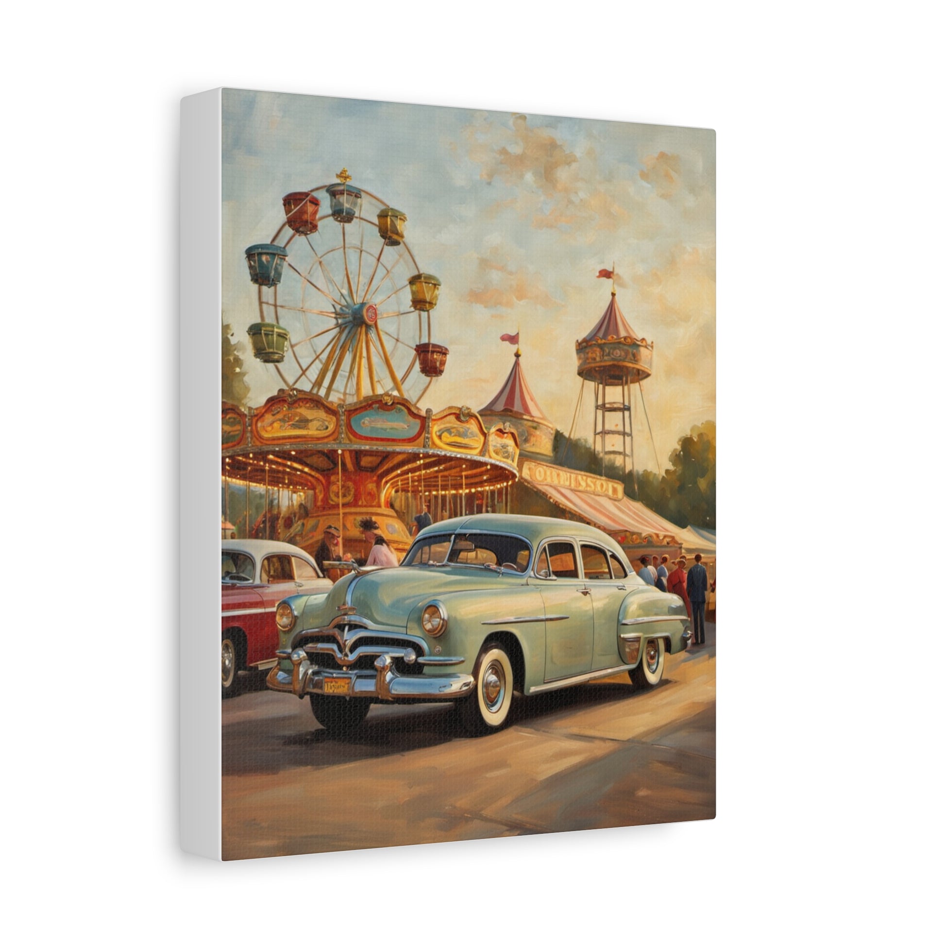 Vintage carnival car art print featuring a classic car in front of a Ferris wheel and carnival rides
