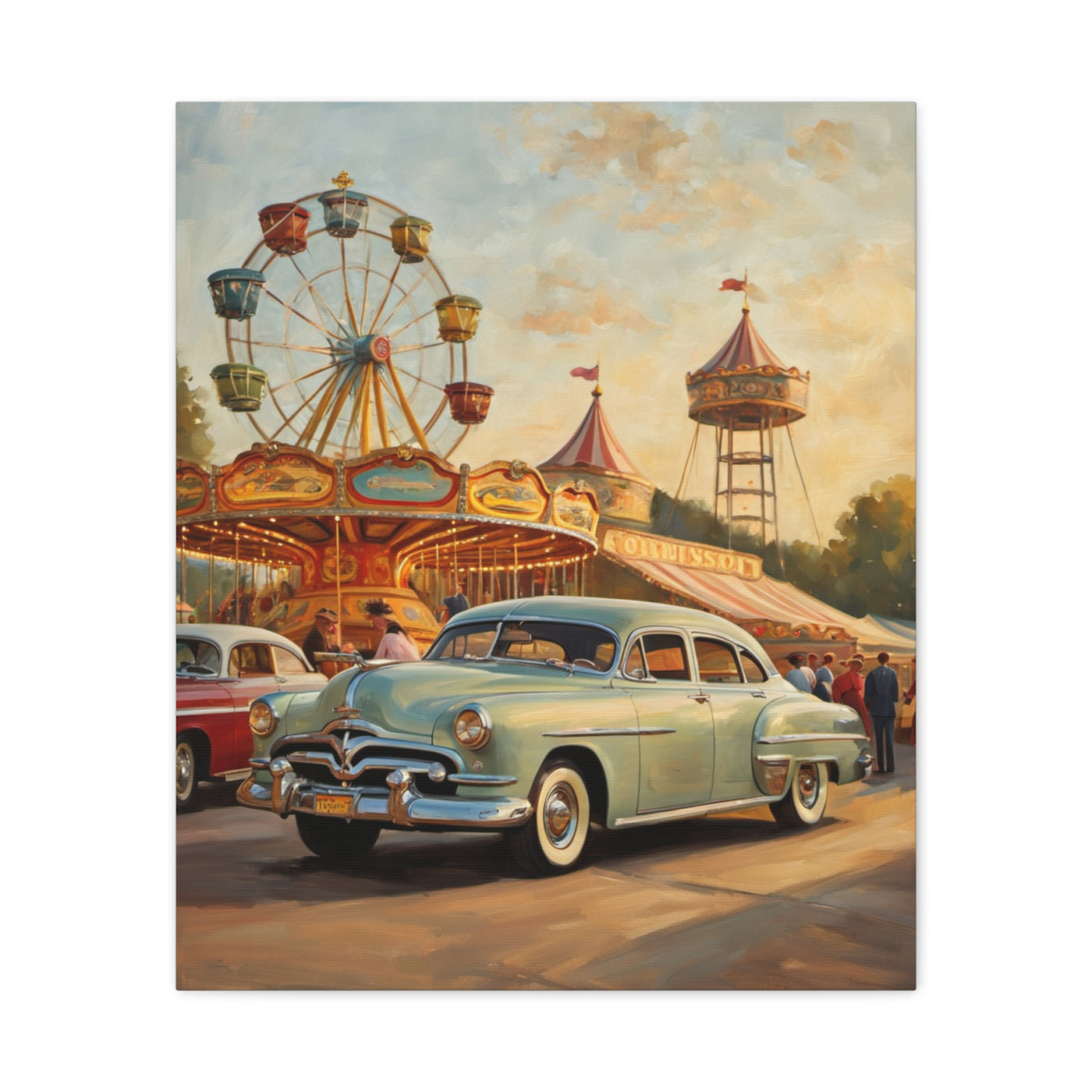 Vintage carnival car art print featuring a classic car with a ferris wheel in the background
