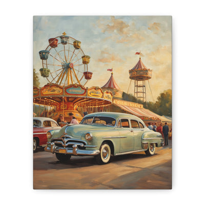Vintage carnival car art print featuring a classic car at a festive fairground with a Ferris wheel