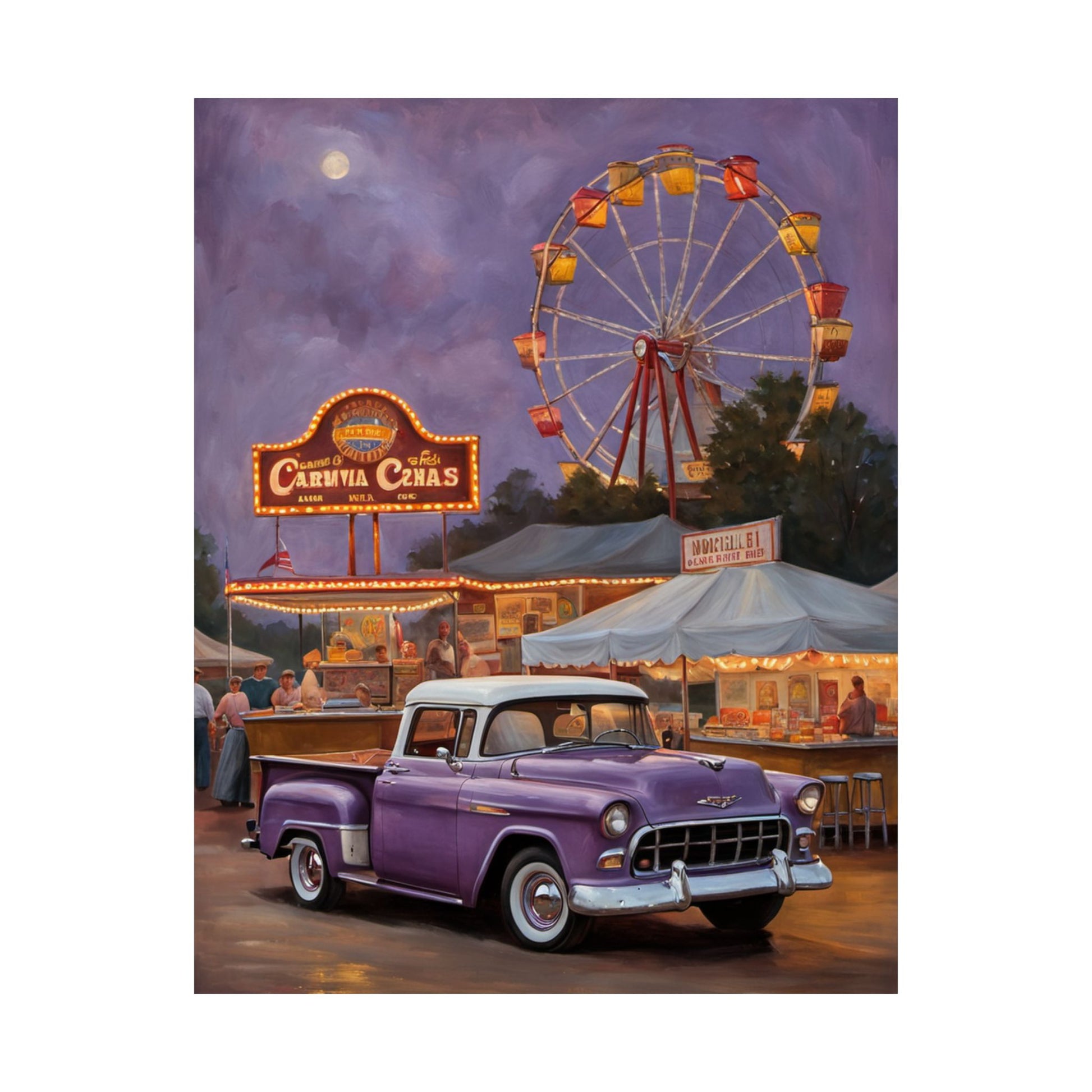 Vintage Carnival Poster featuring a purple truck and a Ferris wheel with vibrant lights at night