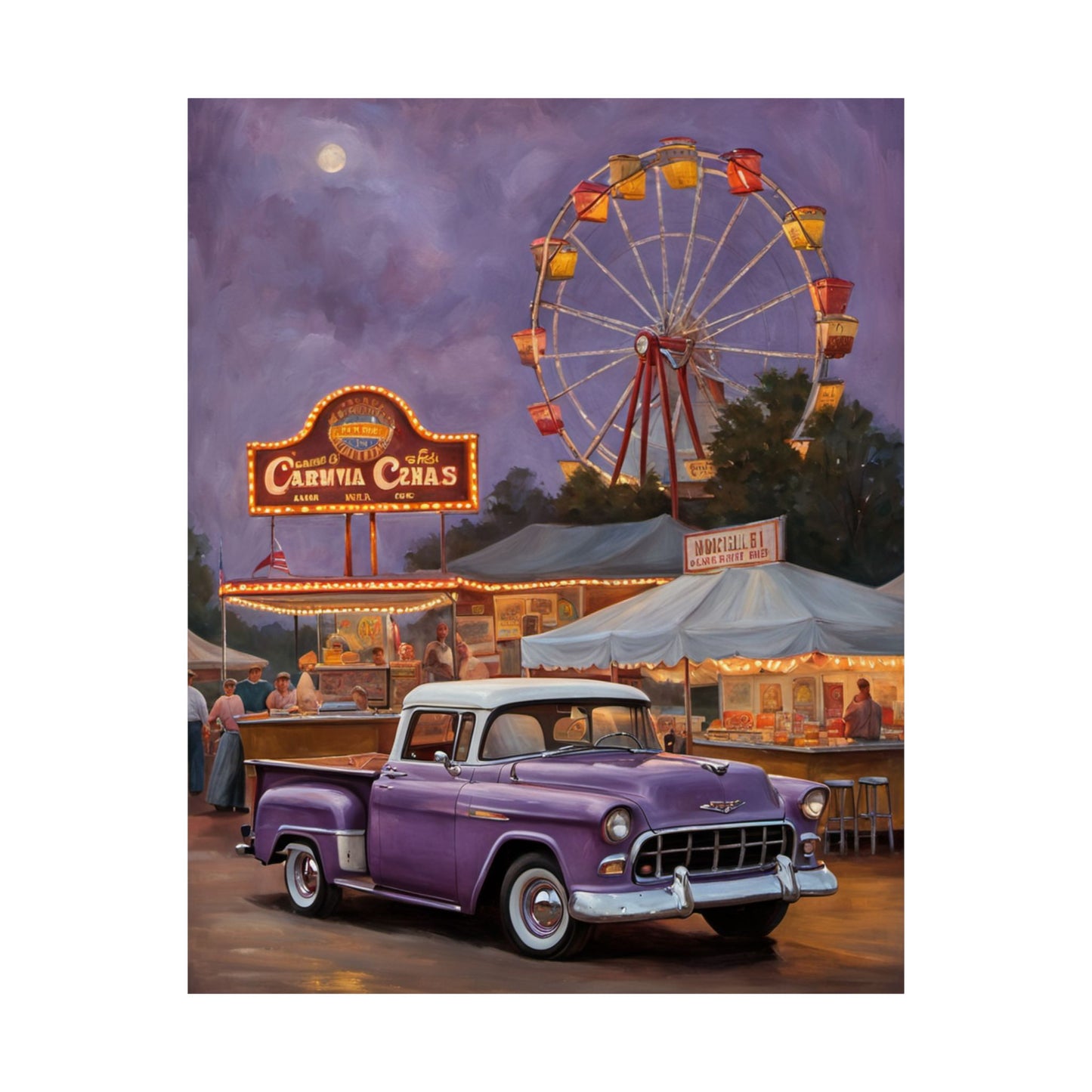 Retro Carnival Poster featuring a purple truck and a Ferris wheel at night