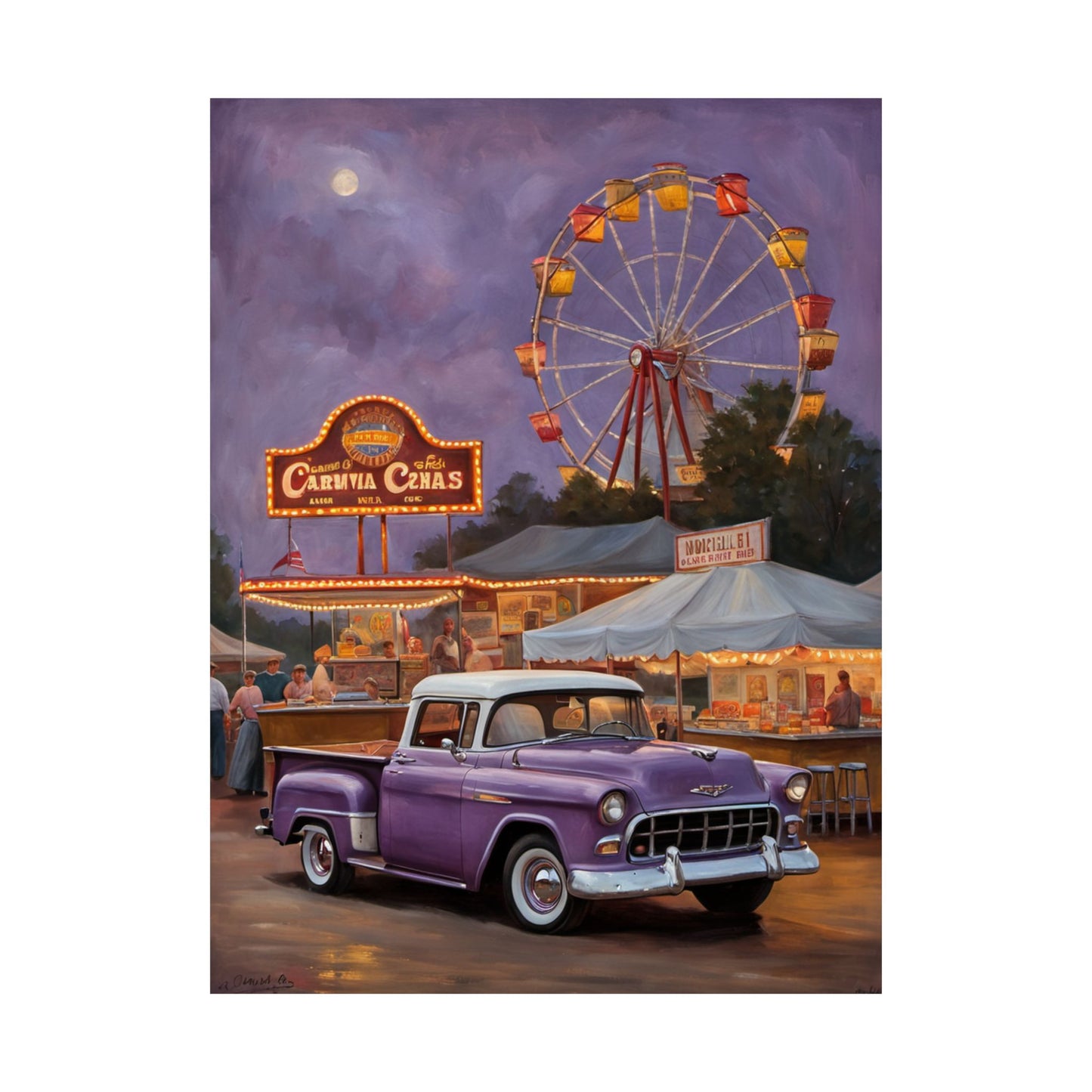Vintage Carnival Poster featuring a purple truck and a Ferris wheel at a night carnival