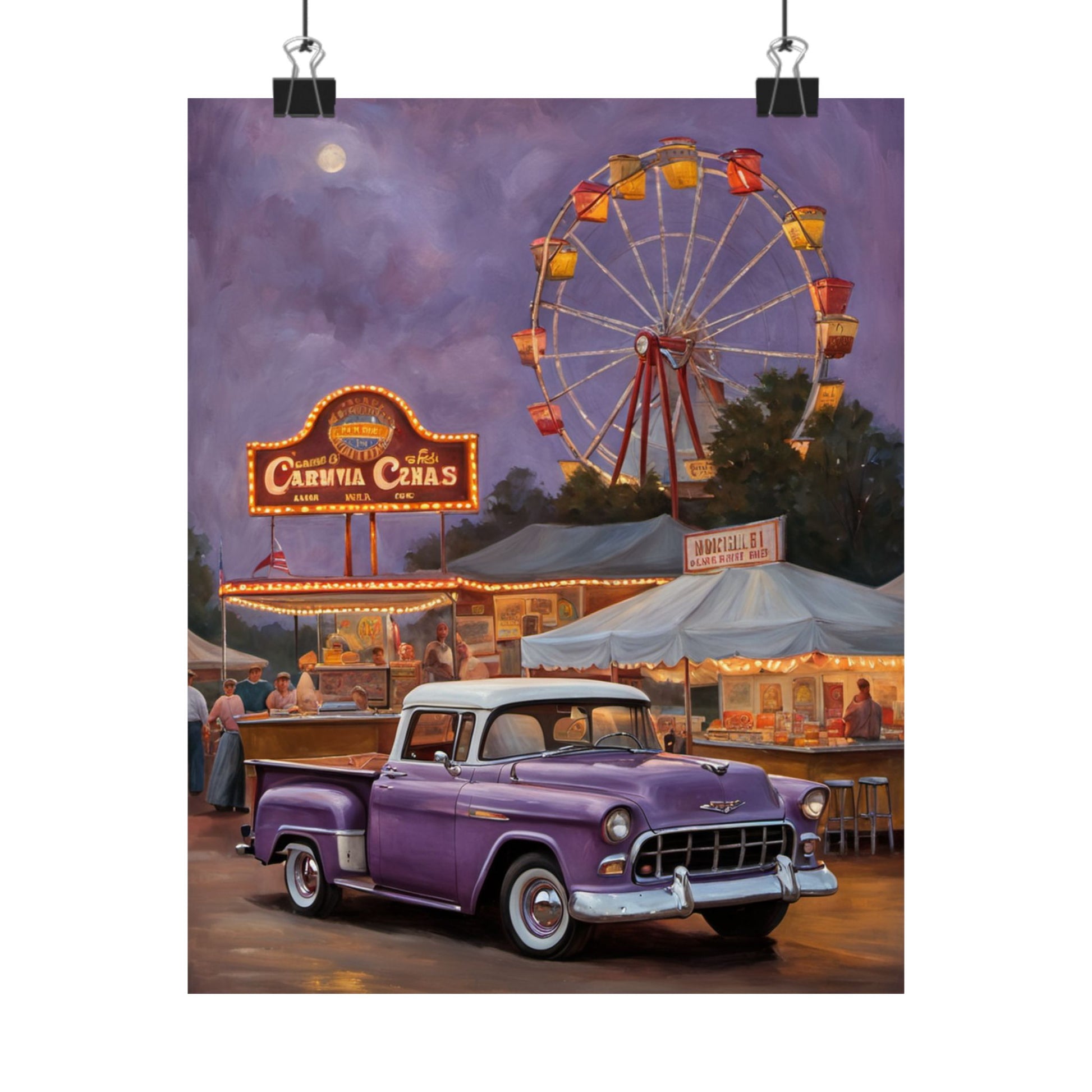 Vintage Carnival Poster featuring a classic purple truck near a Ferris wheel and colorful carnival lights