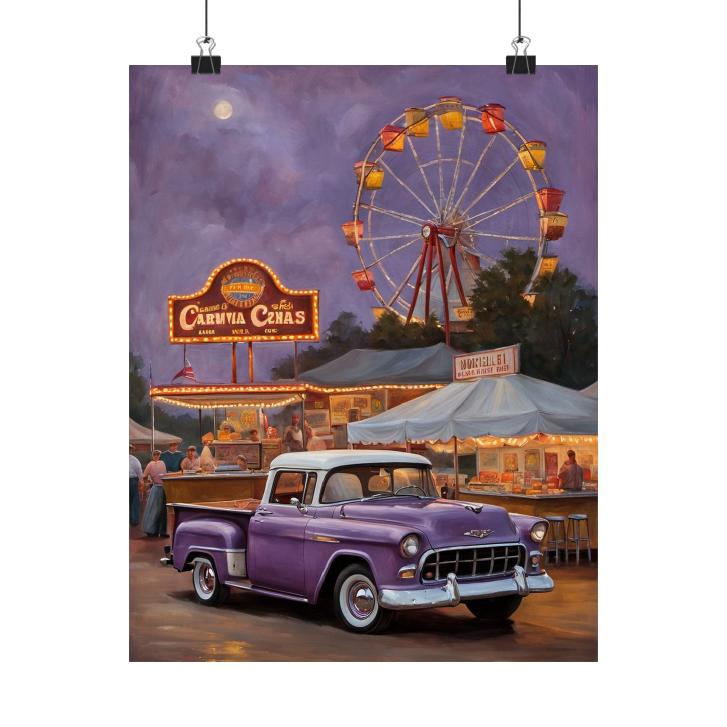 Vintage Carnival Poster featuring a purple classic truck and a Ferris wheel at night