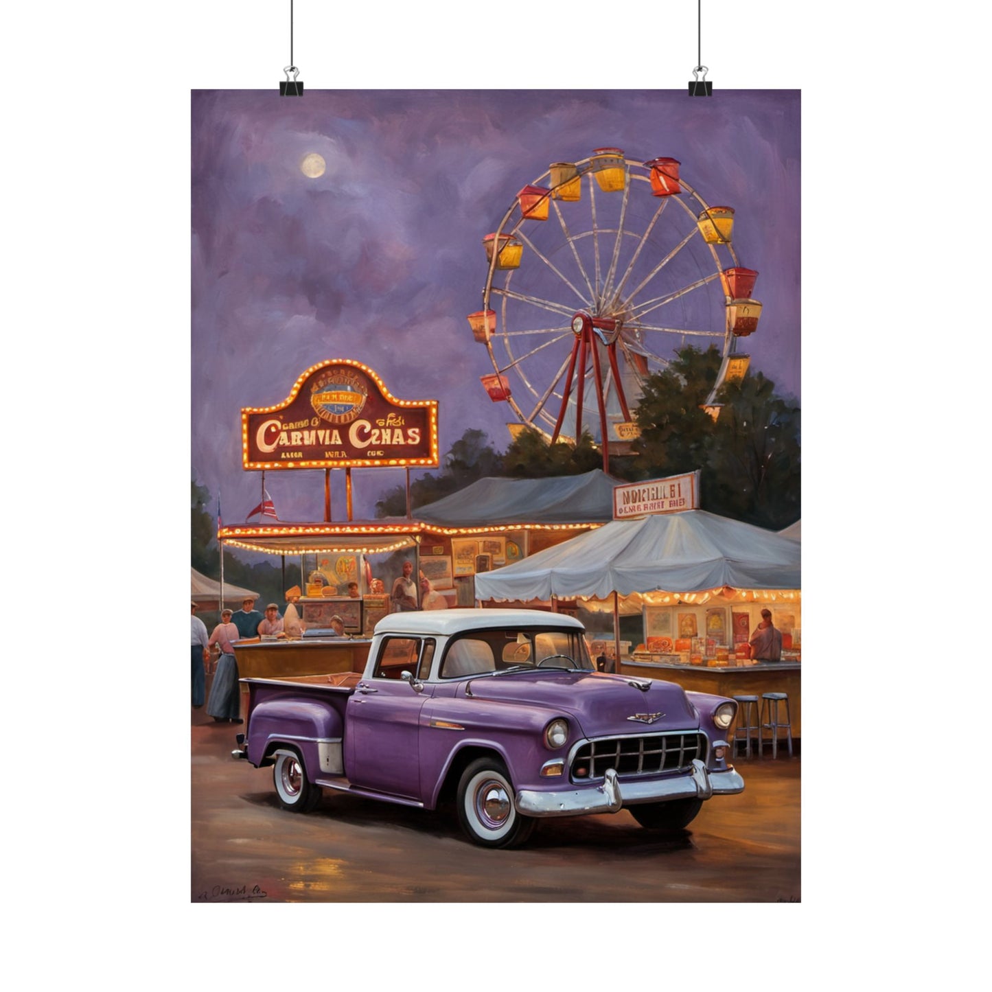 Vintage Carnival Poster featuring a purple truck and a Ferris wheel at dusk with carnival lights