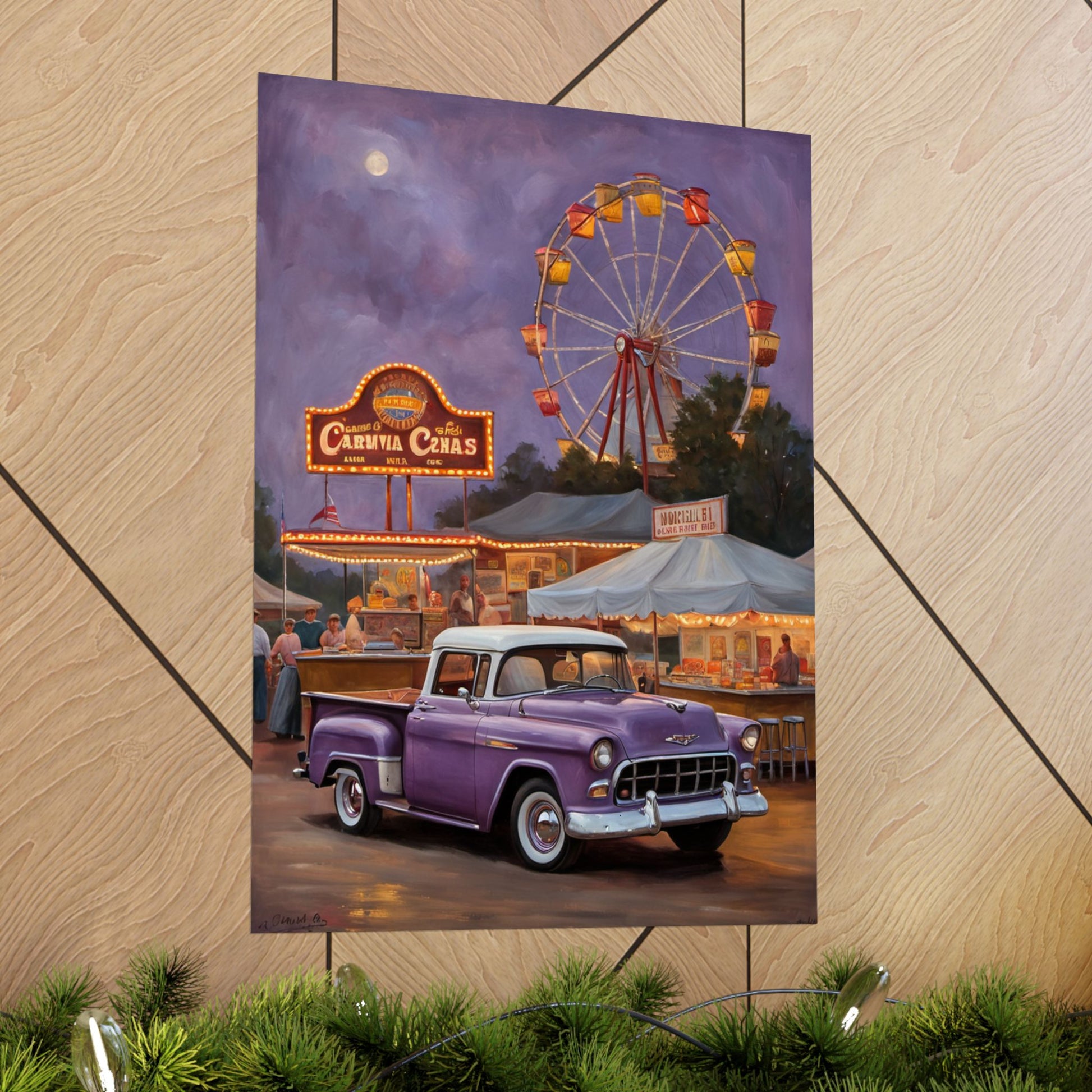 Vintage Carnival Poster featuring a purple truck with a Ferris wheel and carnival lights