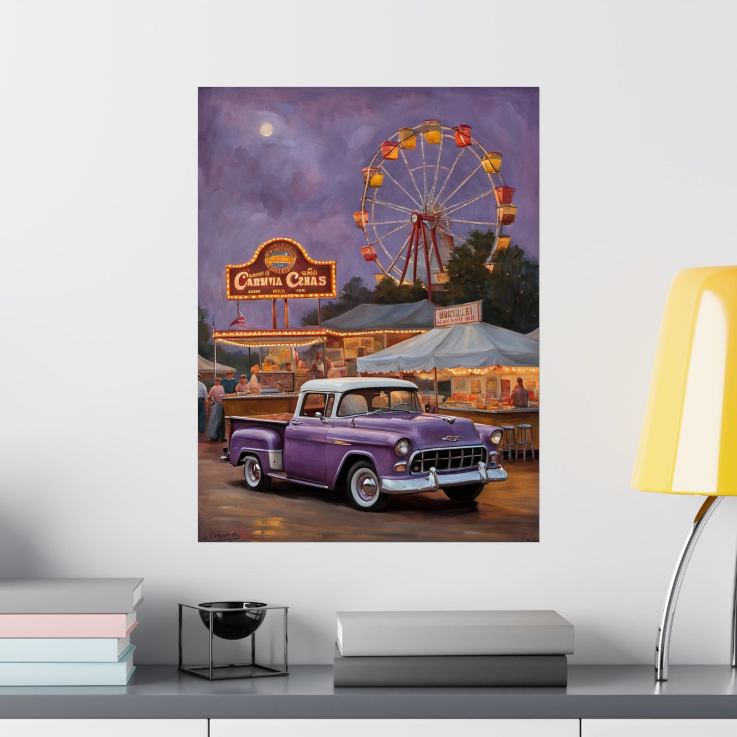 Vintage Carnival Poster featuring a classic truck and Ferris wheel at a festive fairground