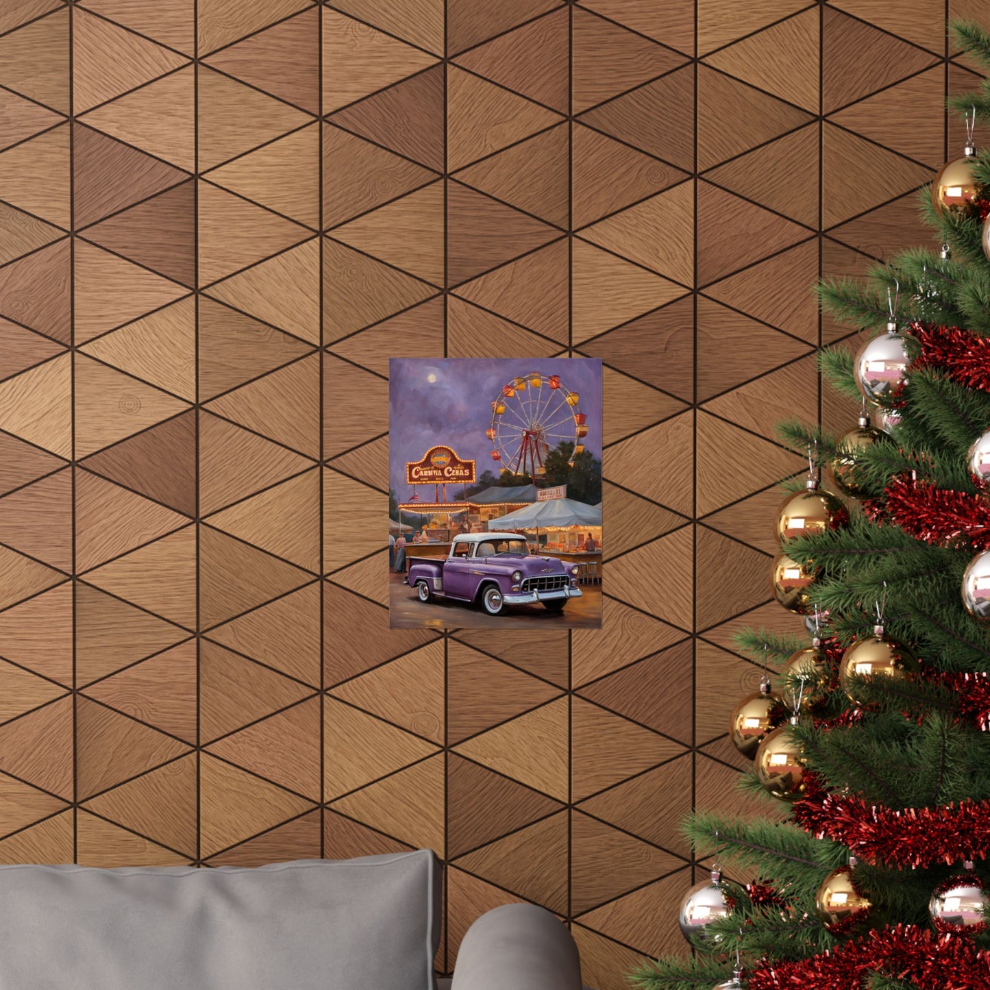 Vintage Carnival Poster displayed on a geometric patterned wall with holiday decorations
