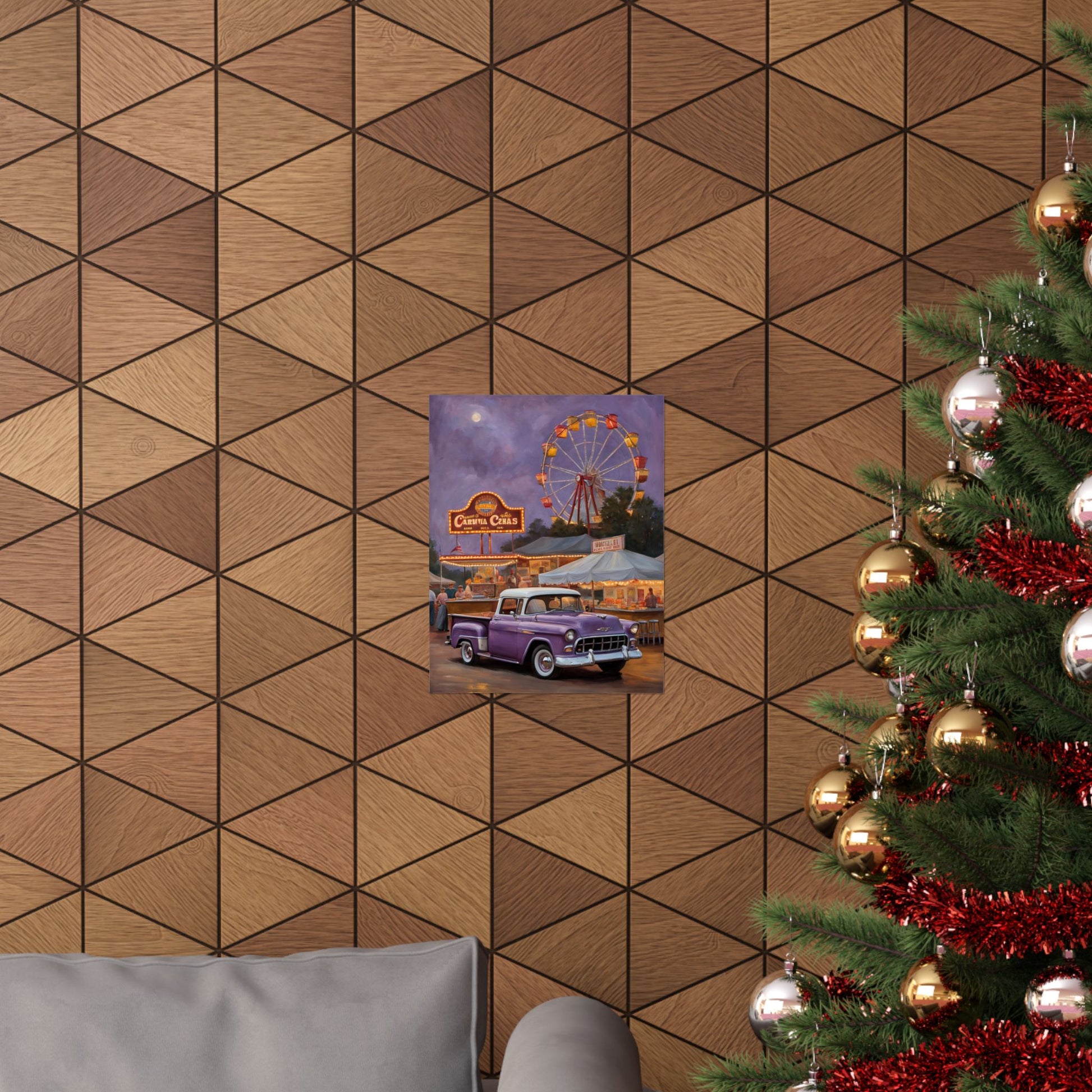 Vintage Carnival Poster displayed on a geometric patterned wall with holiday decorations